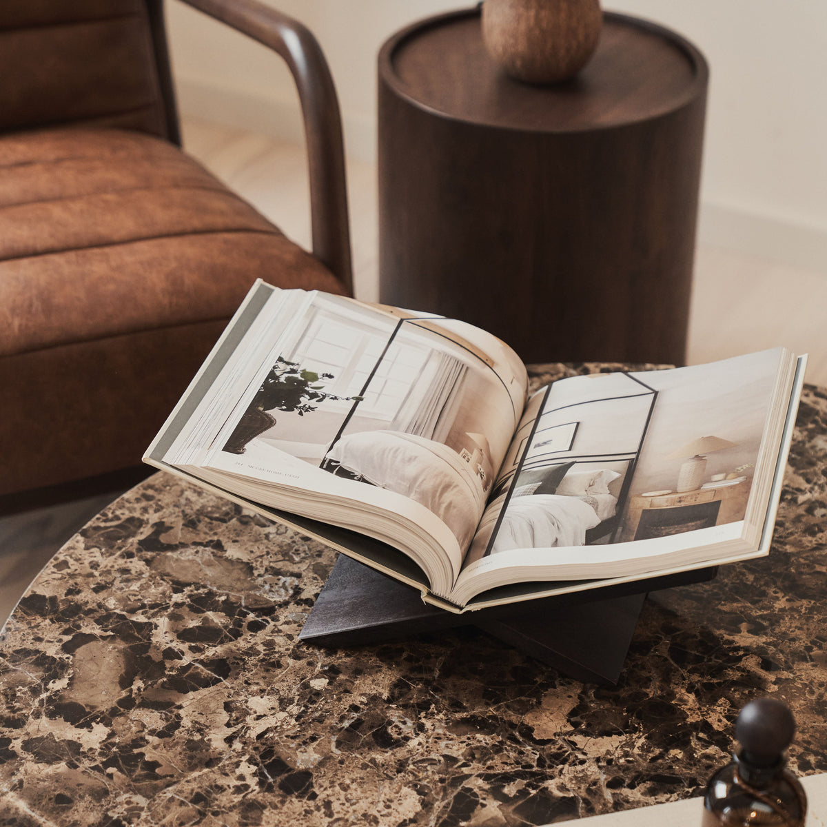 Melrose - Dark Emperador Marble Round Dark Wood Premium Coffee Table