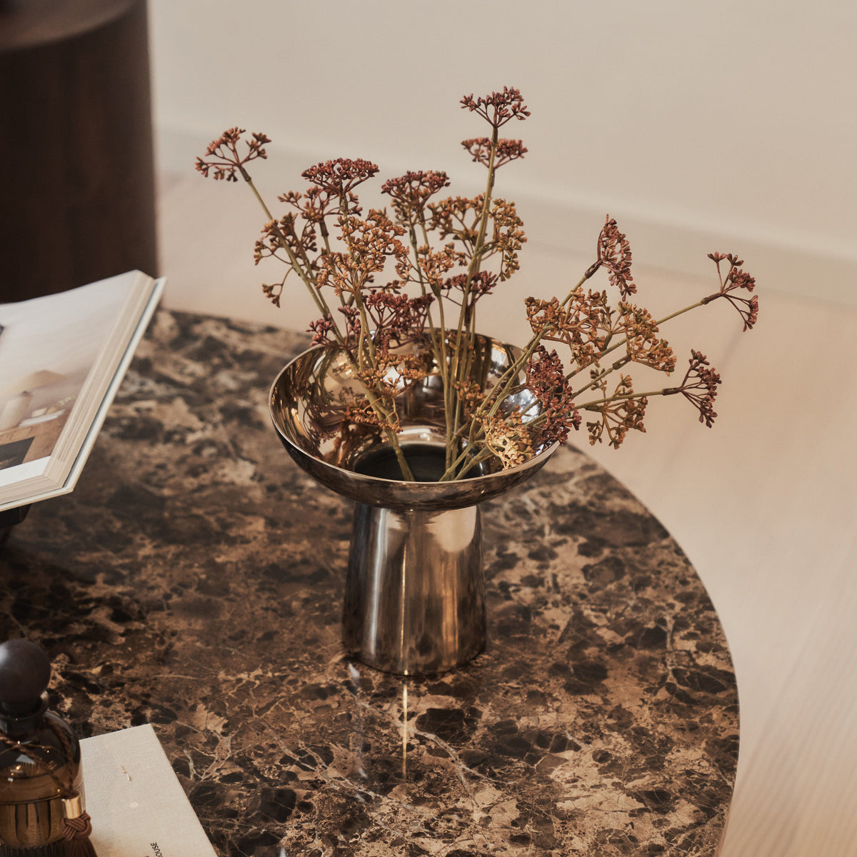 Melrose - Dark Emperador Marble Round Dark Wood Premium Coffee Table