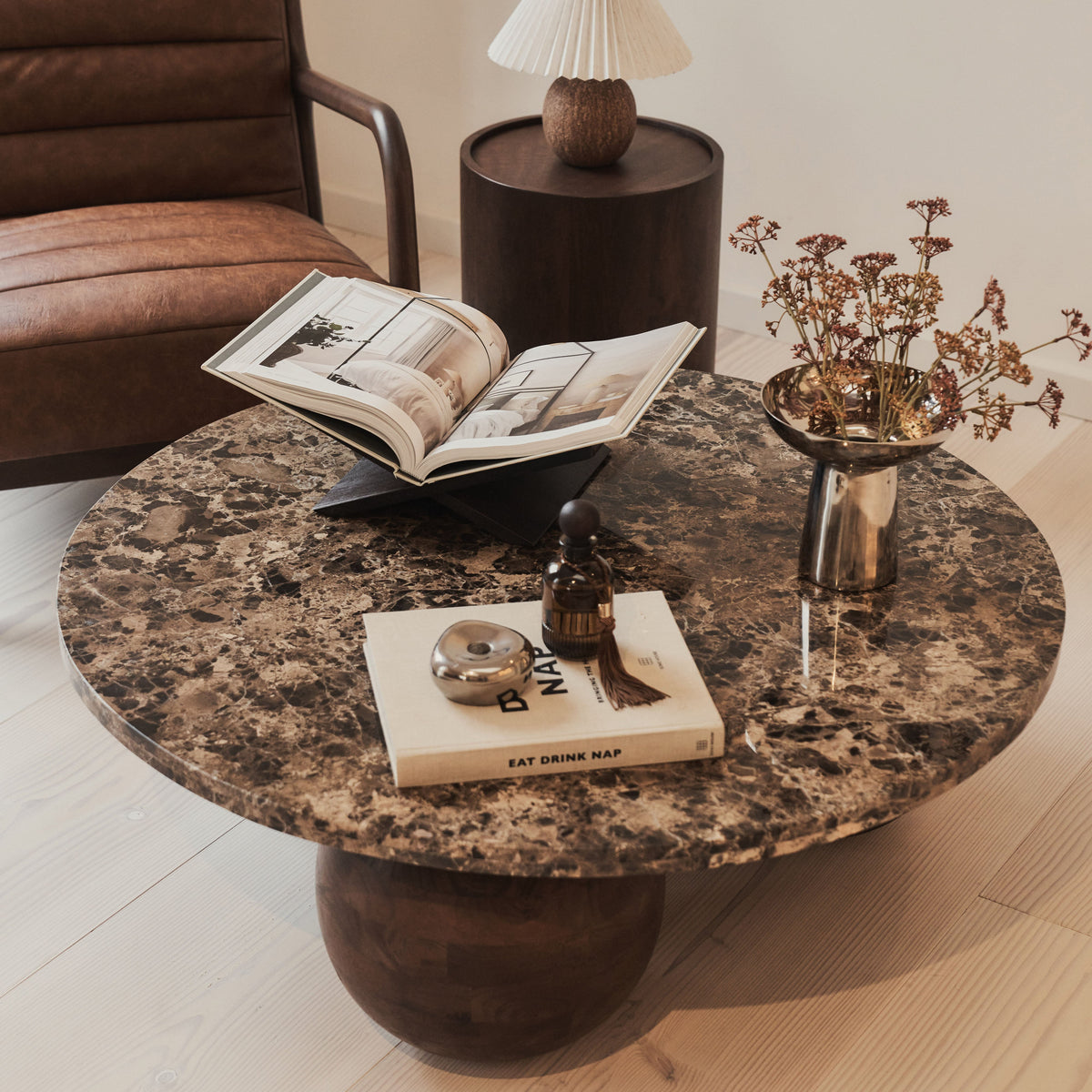 Melrose - Dark Emperador Marble Round Dark Wood Premium Coffee Table
