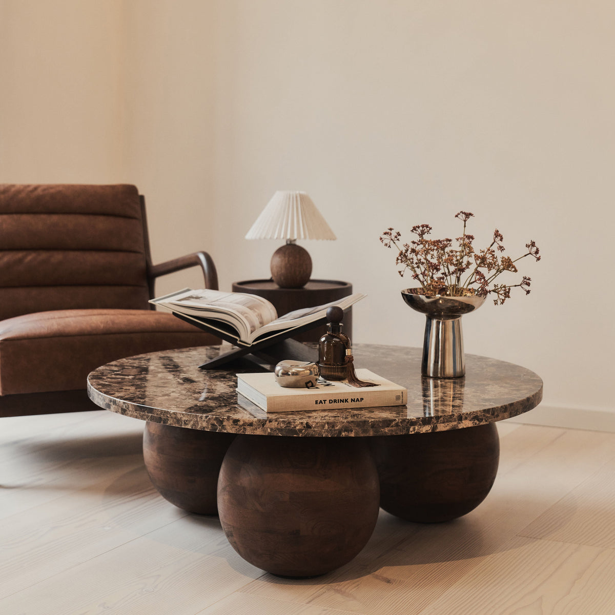 Melrose - Dark Emperador Marble Round Dark Wood Premium Coffee Table