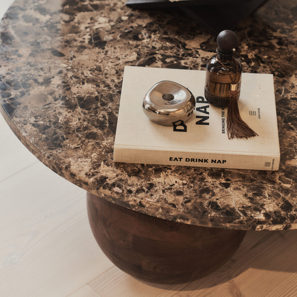 Melrose - Dark Emperador Marble Round Dark Wood Premium Coffee Table