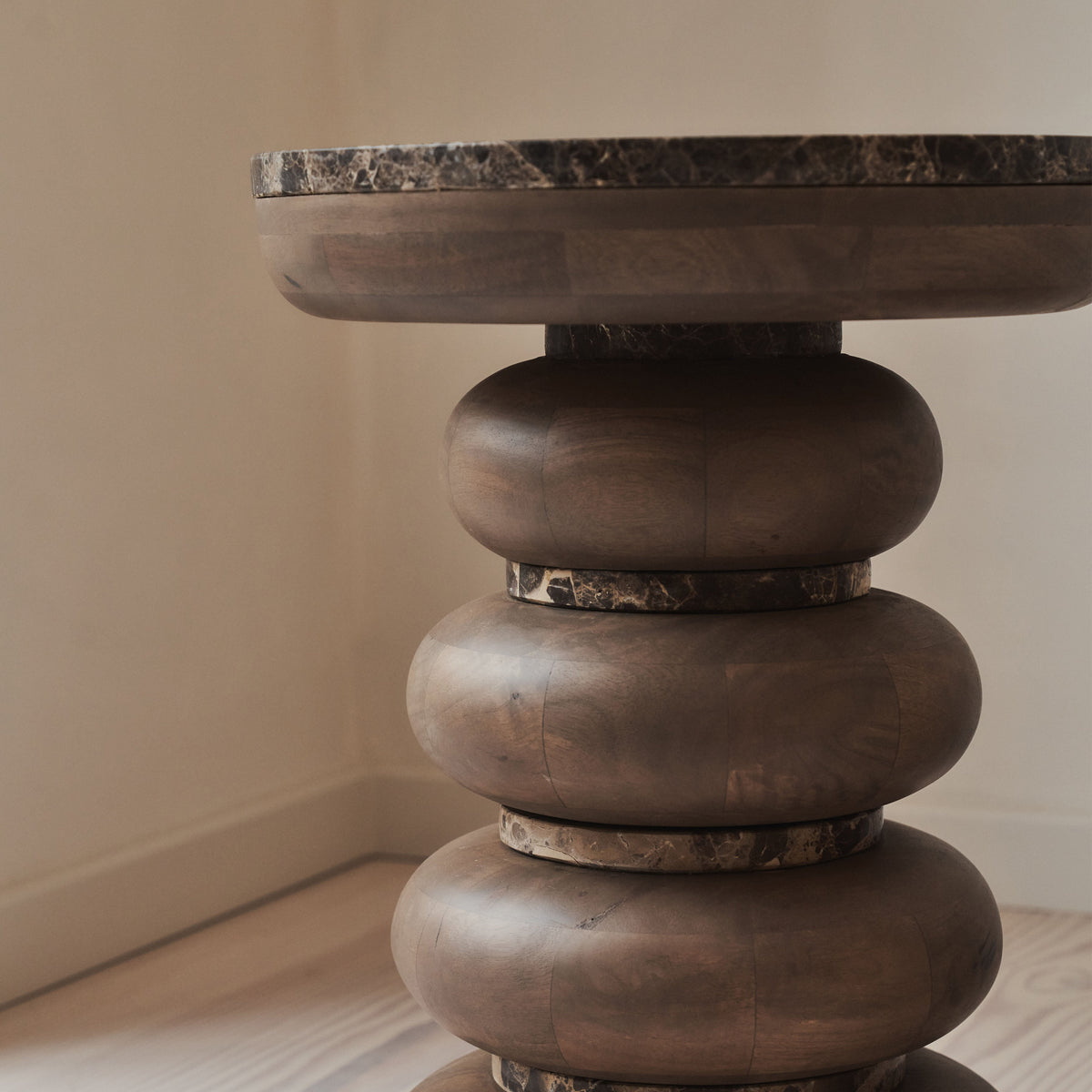Belgravia - Dark Emperador Marble Round Warm Wood Premium Side Table