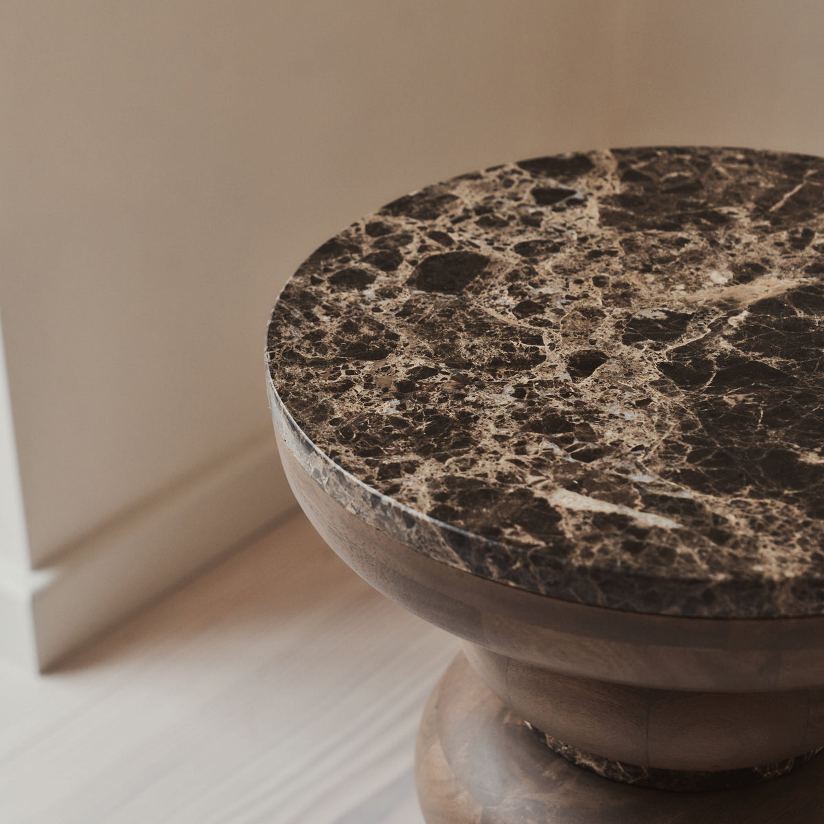 Belgravia - Dark Emperador Marble Round Warm Wood Premium Side Table