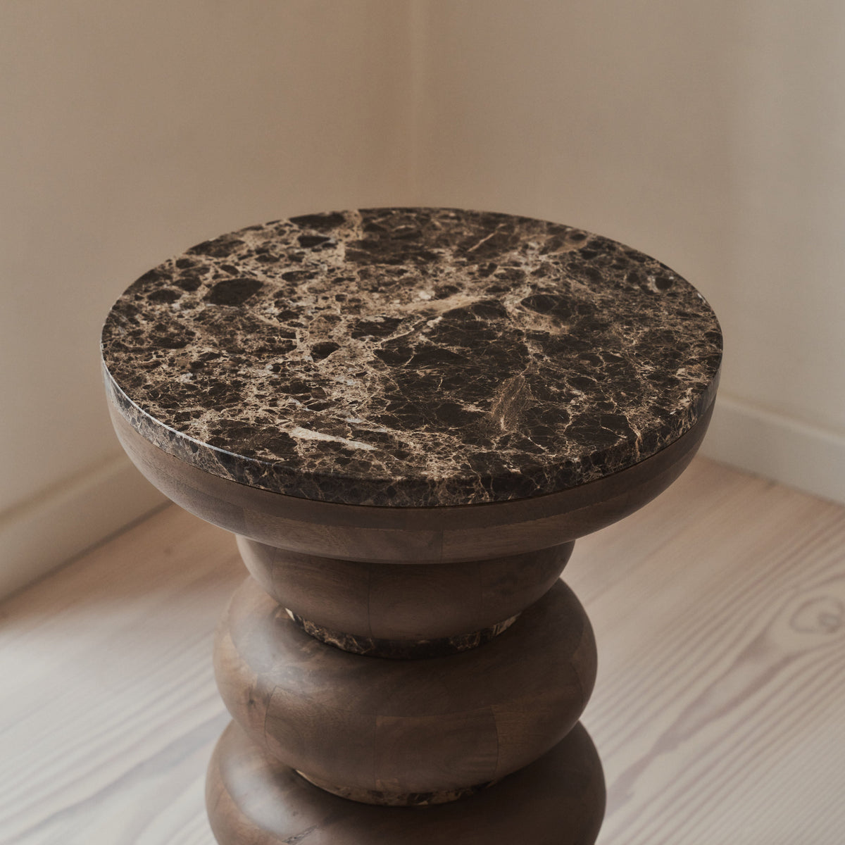 Belgravia - Dark Emperador Marble Round Warm Wood Premium Side Table