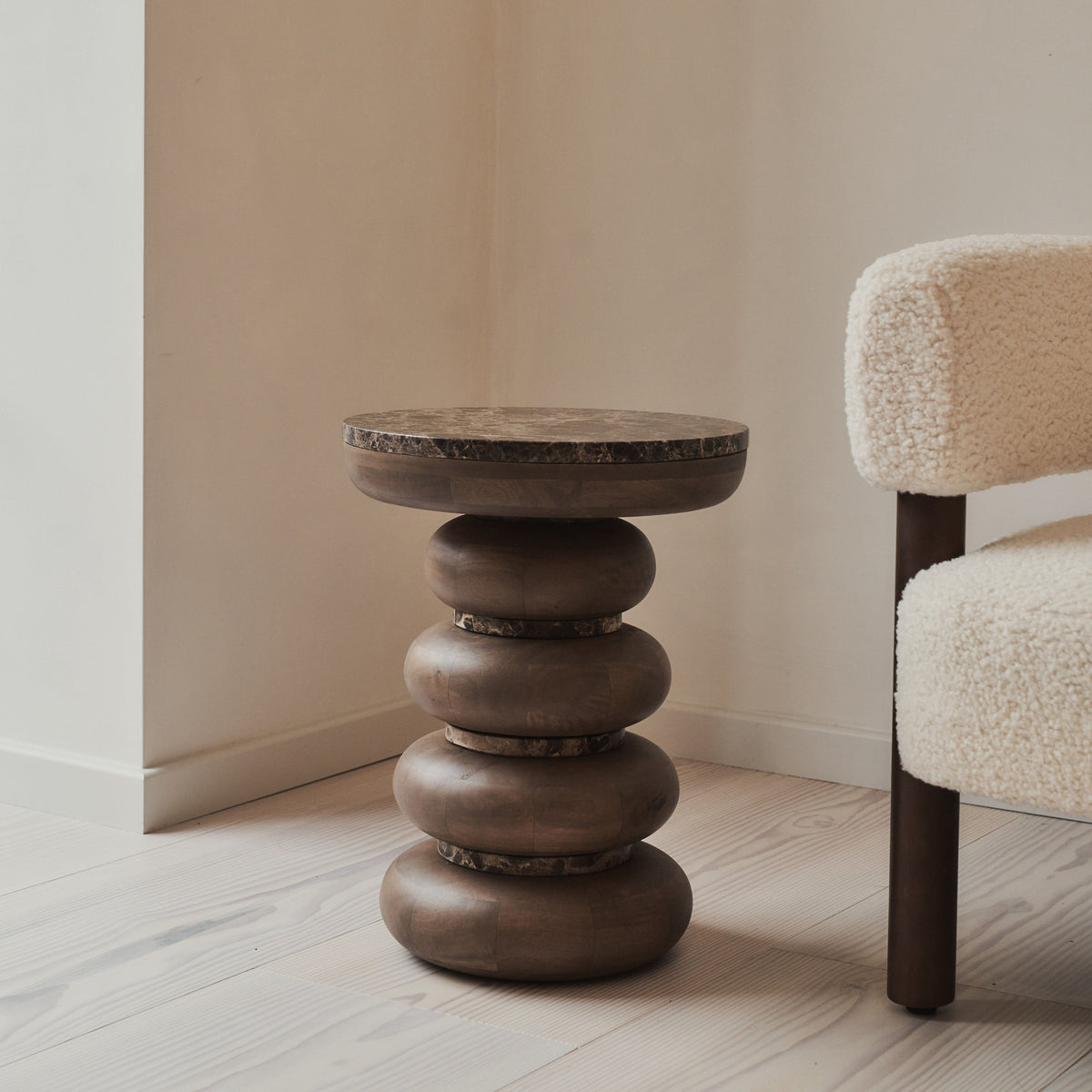 Belgravia - Dark Emperador Marble Round Warm Wood Premium Side Table