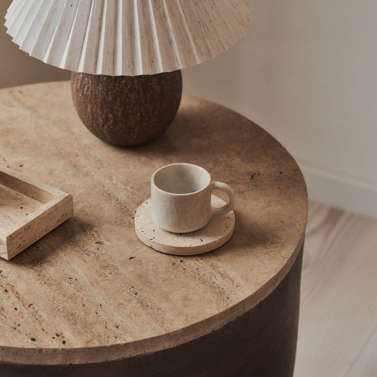 Lyra - Beige Travertine Round Warm Wood Premium Side Table