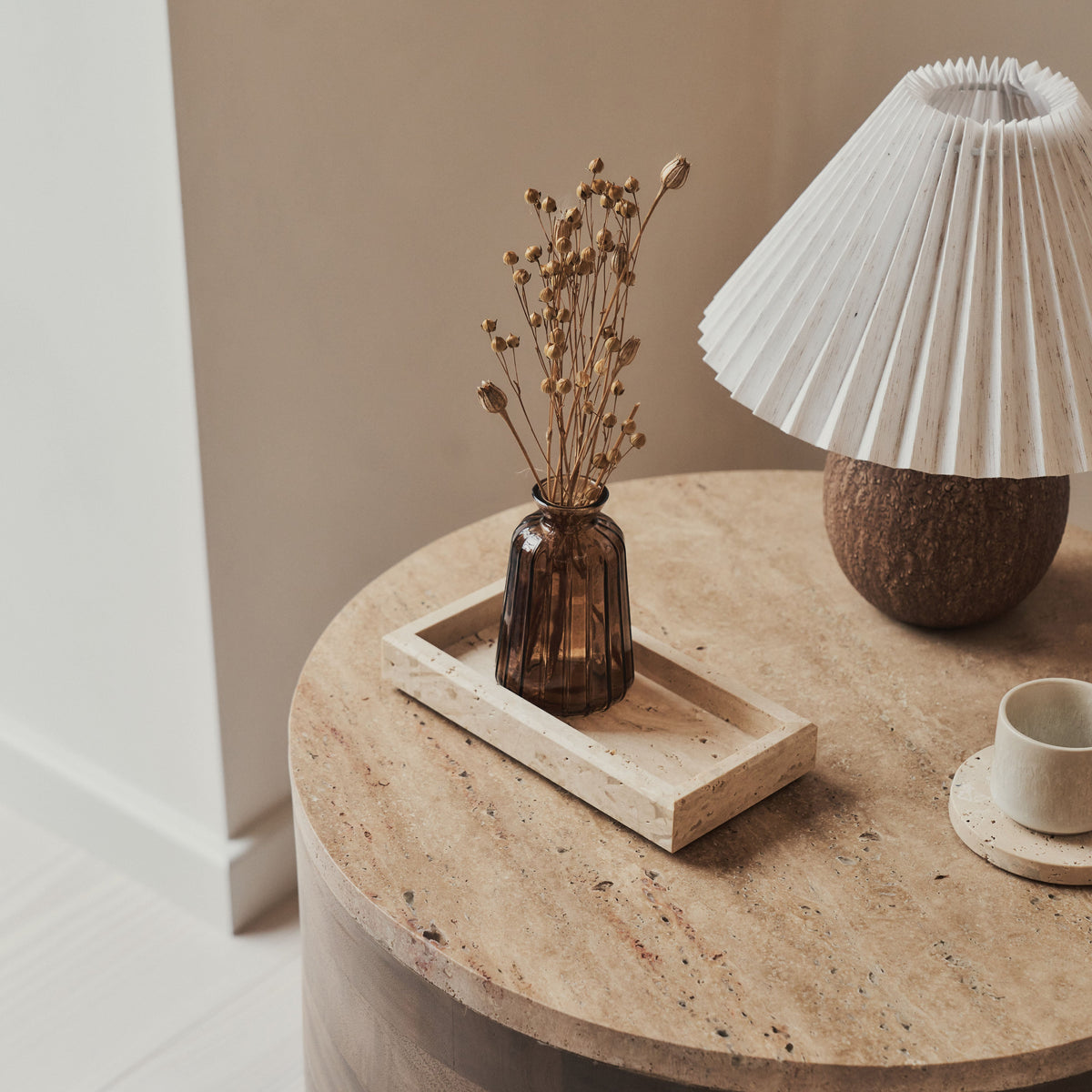 Lyra - Beige Travertine Round Warm Wood Premium Side Table