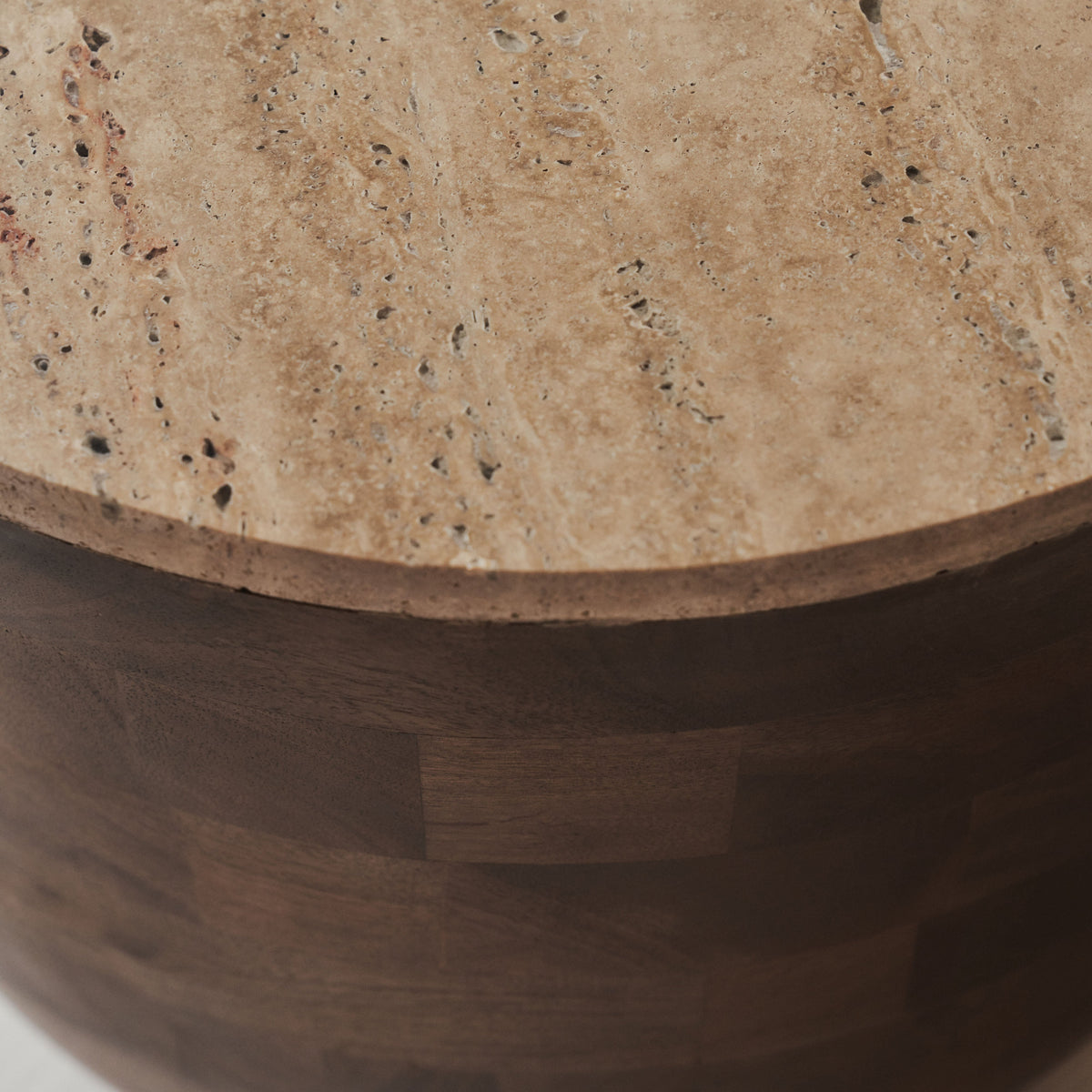 Lyra - Beige Travertine Round Warm Wood Premium Side Table