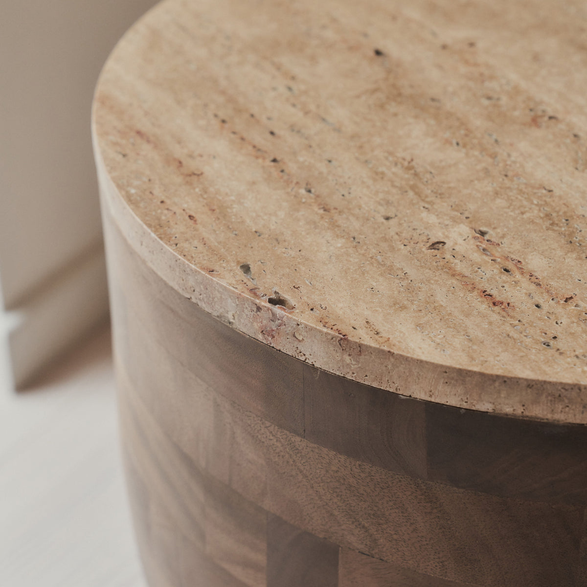 Lyra - Beige Travertine Round Warm Wood Premium Side Table