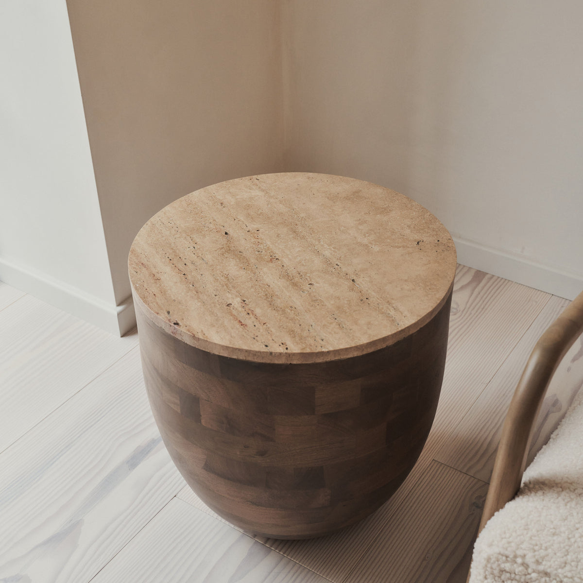 Lyra - Beige Travertine Round Warm Wood Premium Side Table