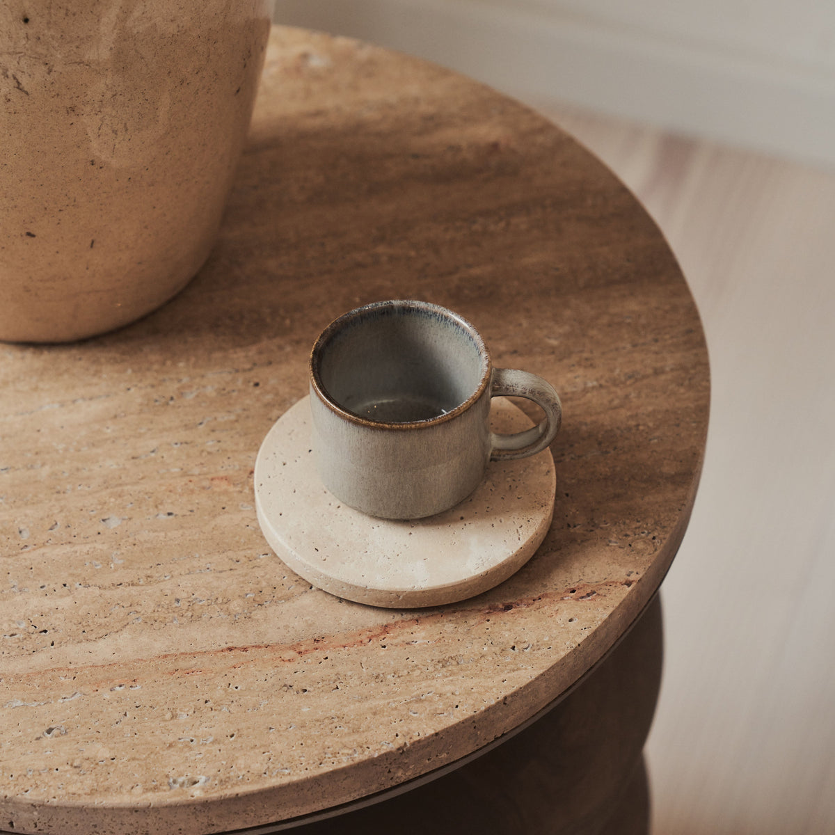 Orinthia - Beige Travertine Round Warm Wood Premium Side Table