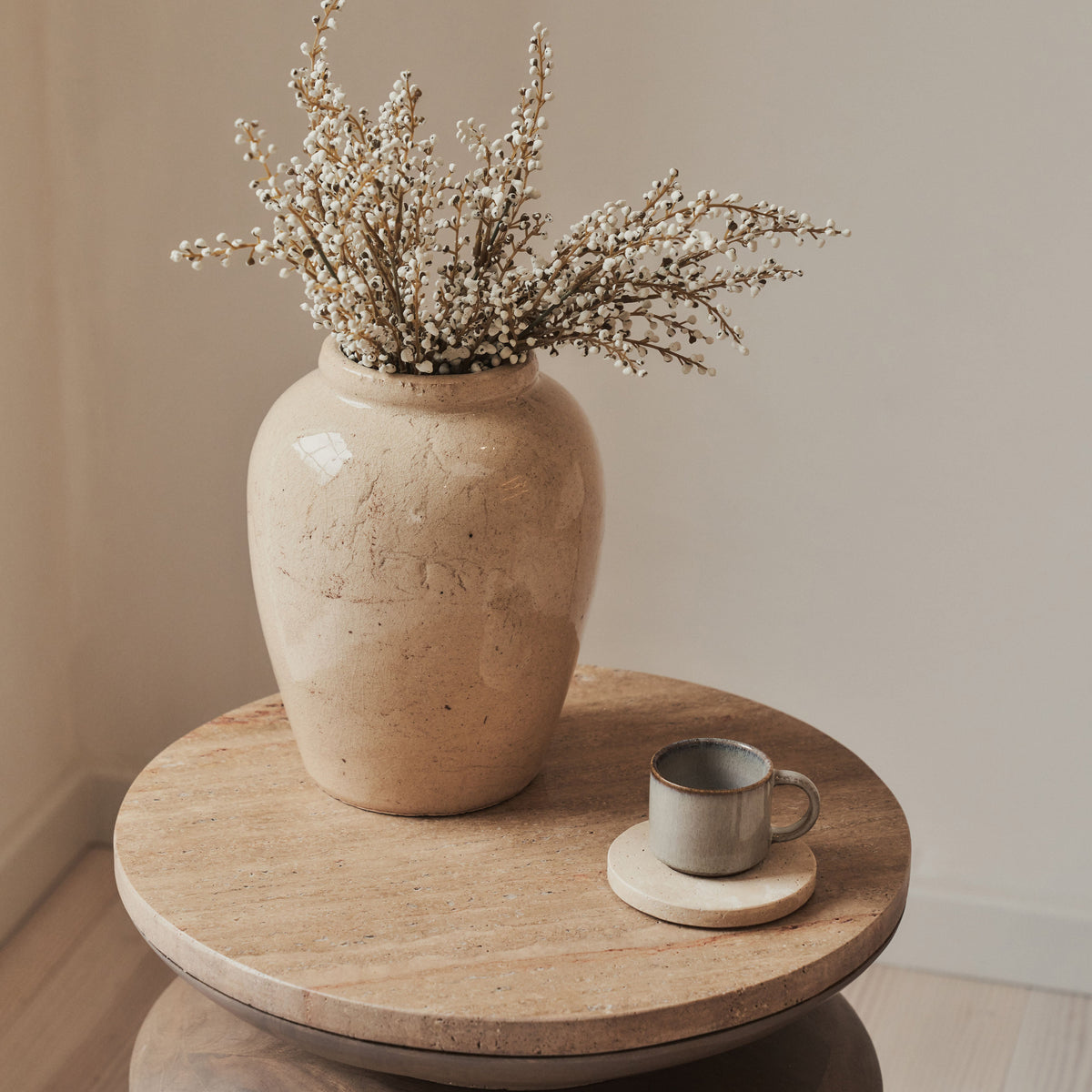 Orinthia - Beige Travertine Round Warm Wood Premium Side Table