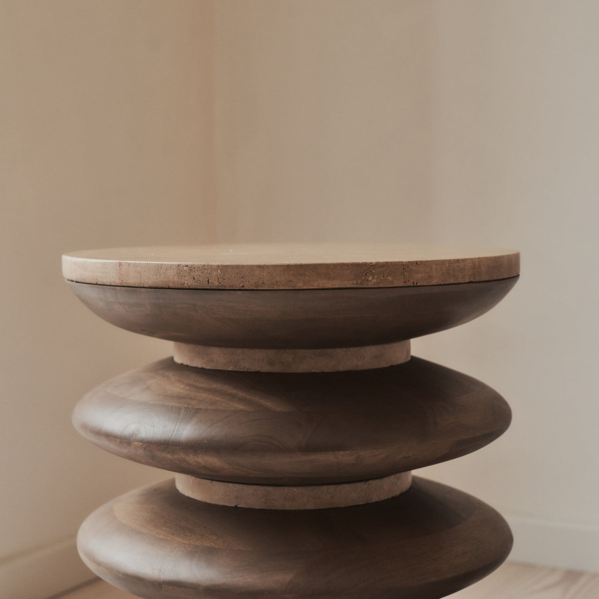 Orinthia - Beige Travertine Round Warm Wood Premium Side Table