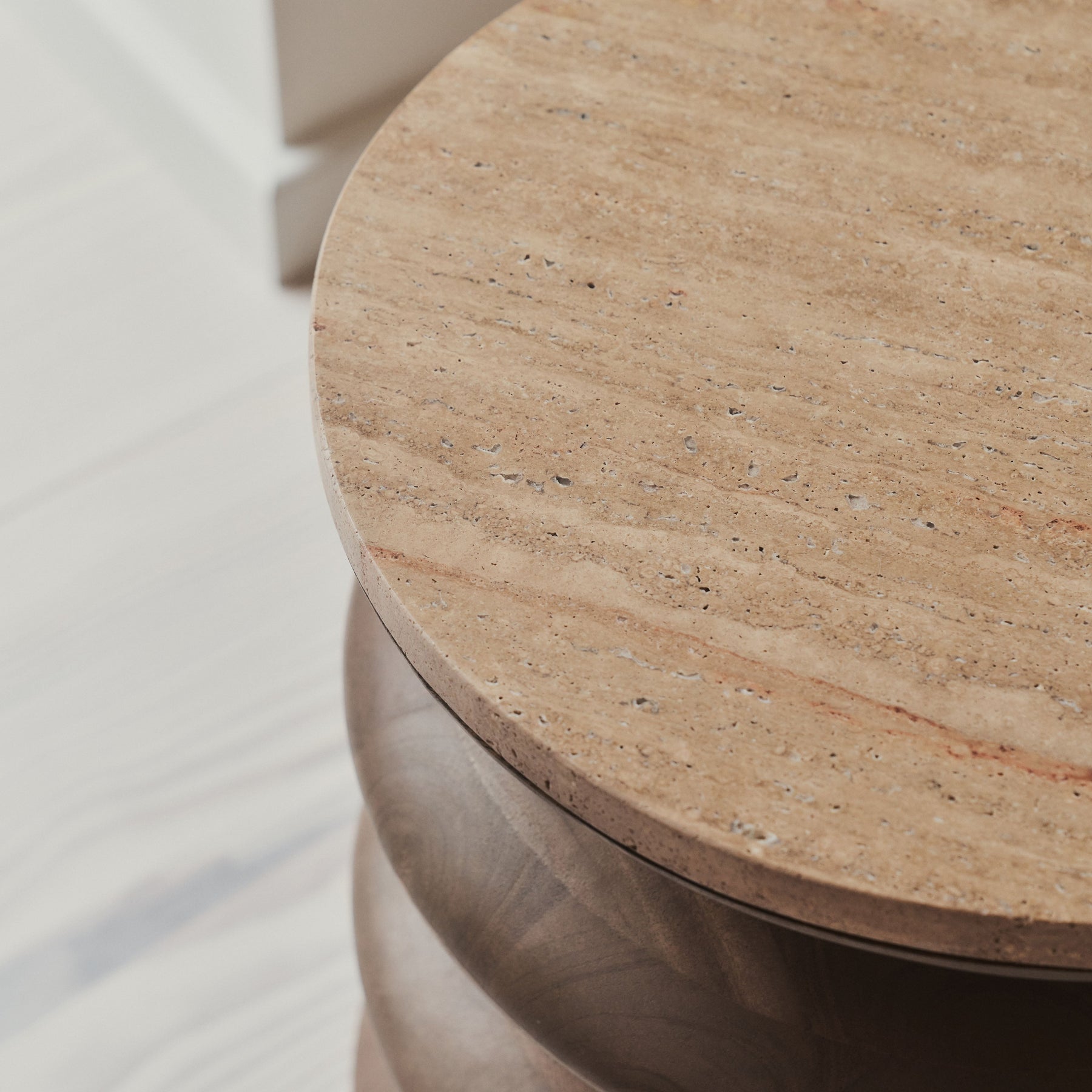 Orinthia - Beige Travertine Round Warm Wood Premium Side Table