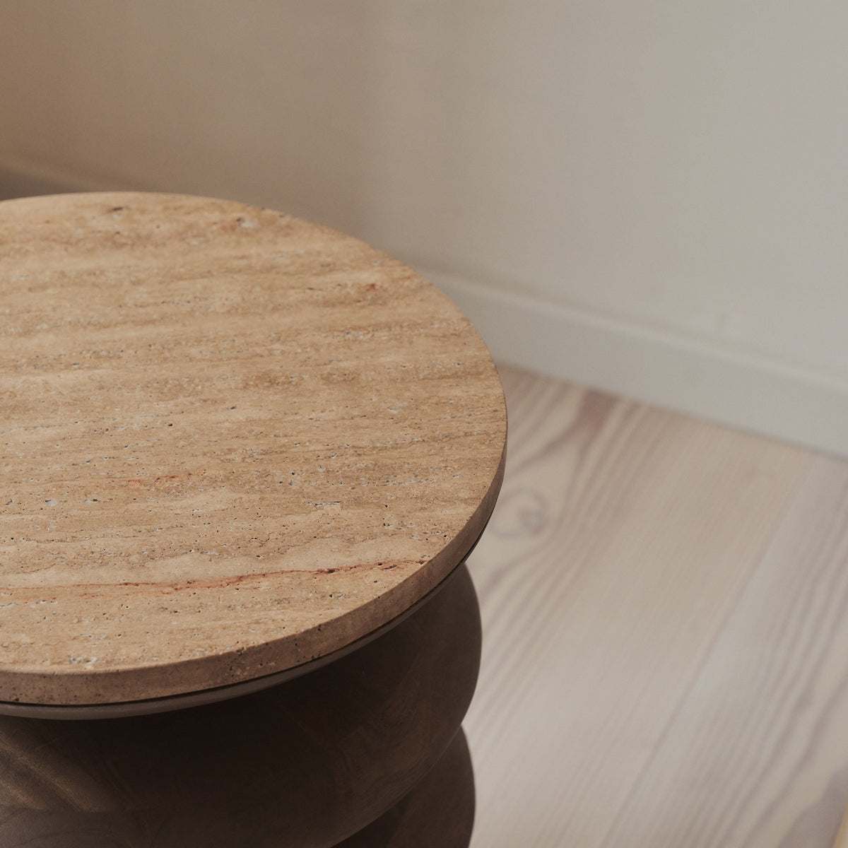 Orinthia - Beige Travertine Round Warm Wood Premium Side Table