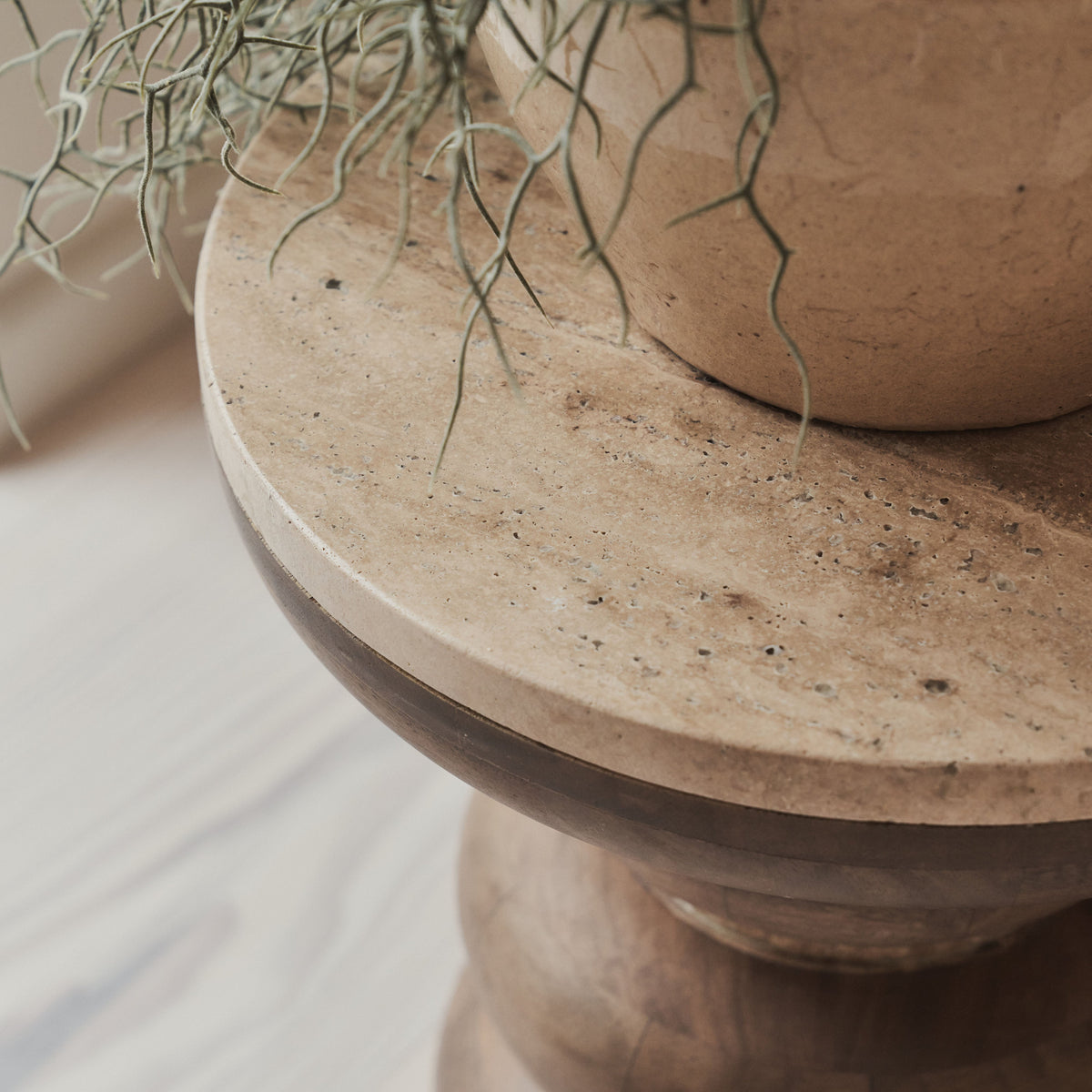 Belgravia - Beige Travertine Round Warm Wood Premium Side Table