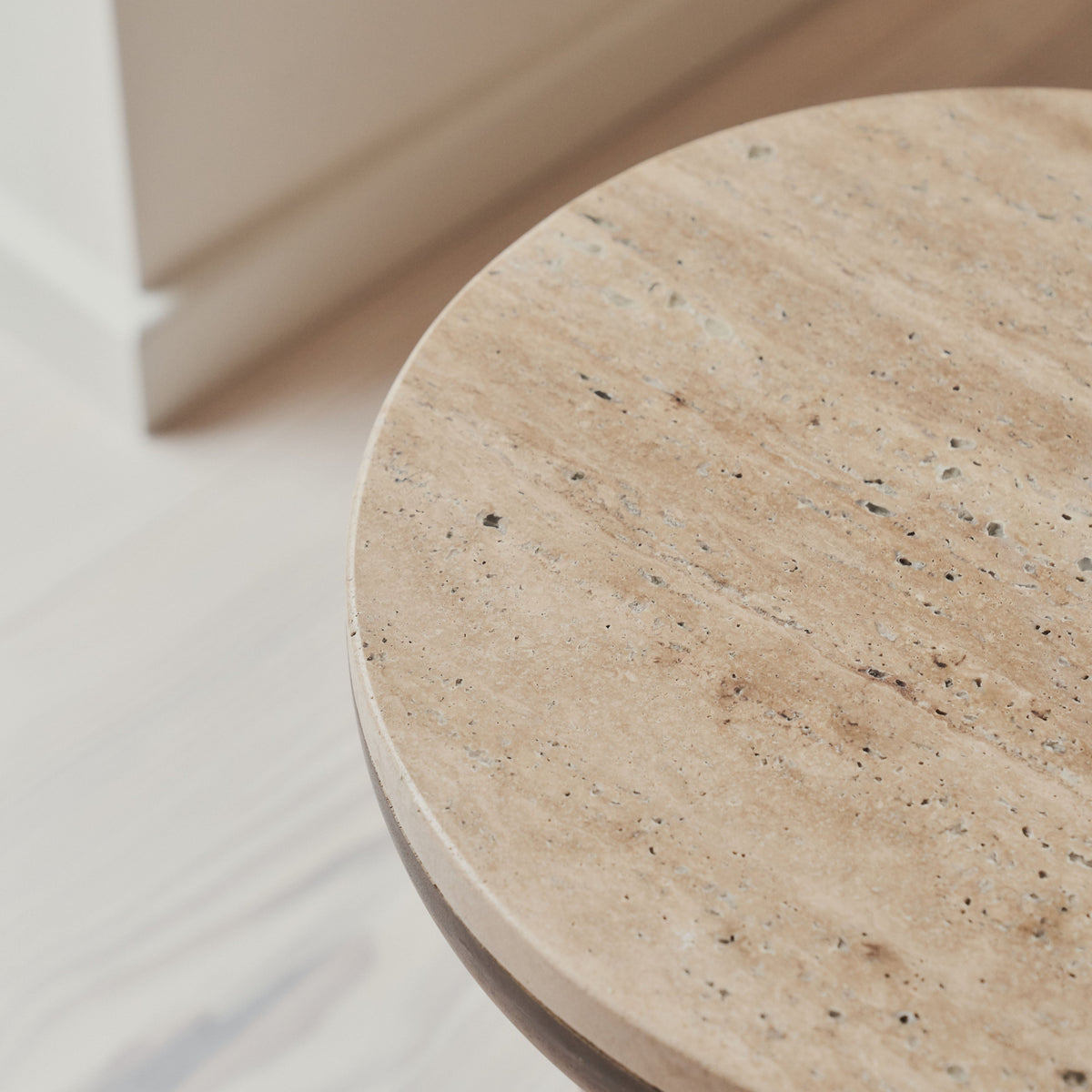 Belgravia - Beige Travertine Round Warm Wood Premium Side Table