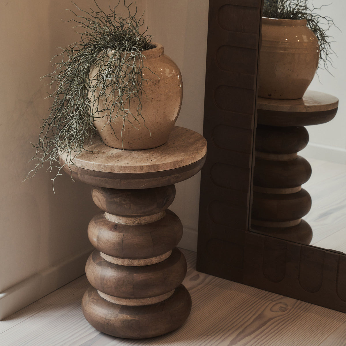 Belgravia - Beige Travertine Round Warm Wood Premium Side Table