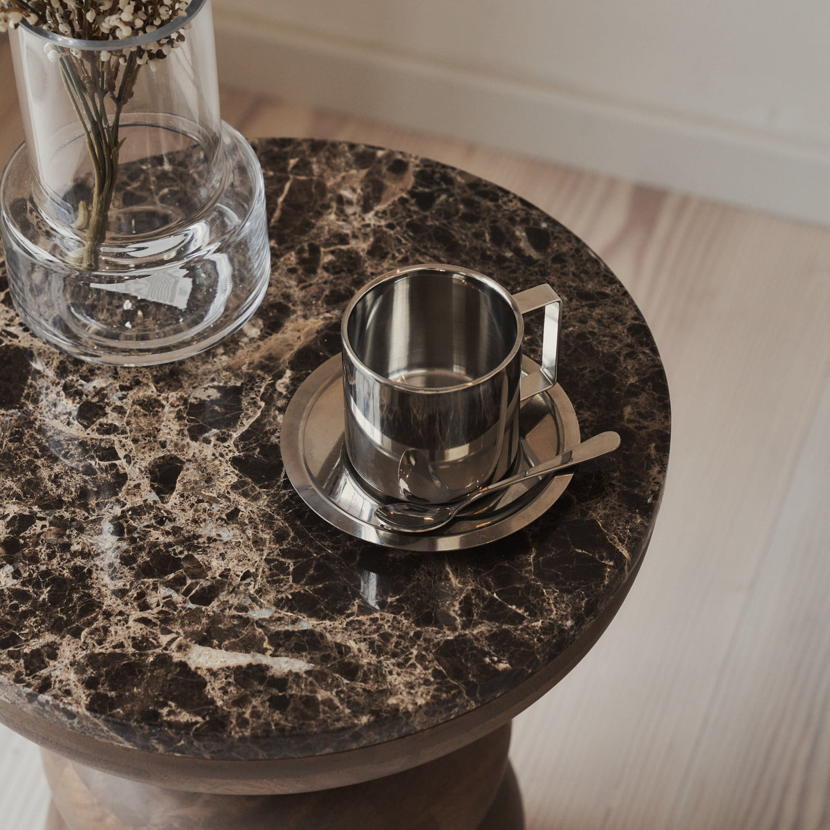 Belgravia - Dark Emperador Marble Round Warm Wood Premium Side Table