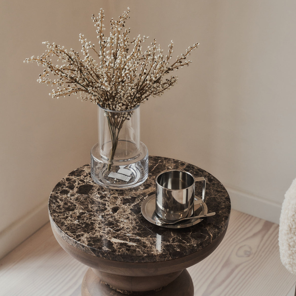 Belgravia - Dark Emperador Marble Round Warm Wood Premium Side Table