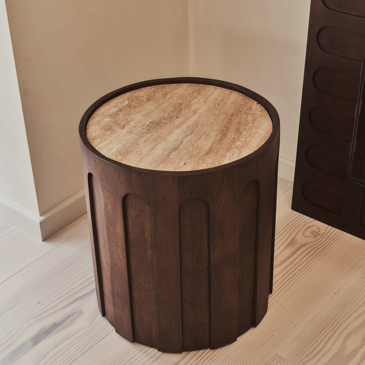 Valor - Beige Travertine Round Dark Wood Premium Side Table