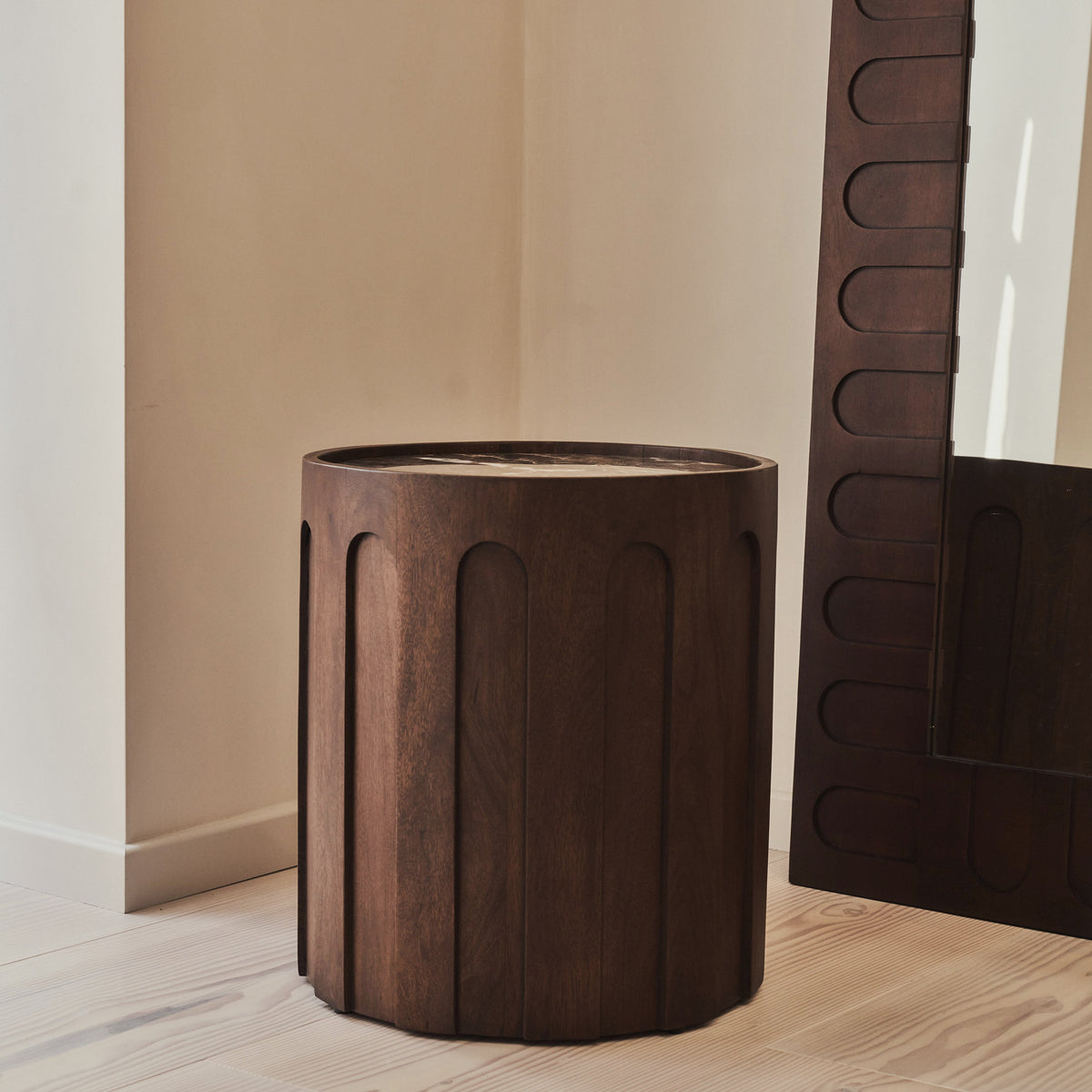 Valor - Beige Travertine Round Dark Wood Premium Side Table