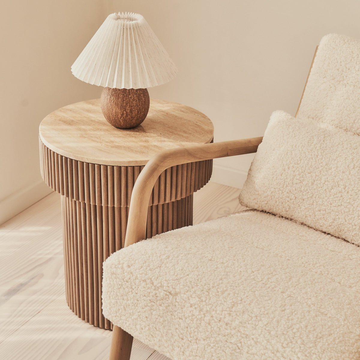 Hudson - Boucle Accent Chair Ivory & Warm Wood