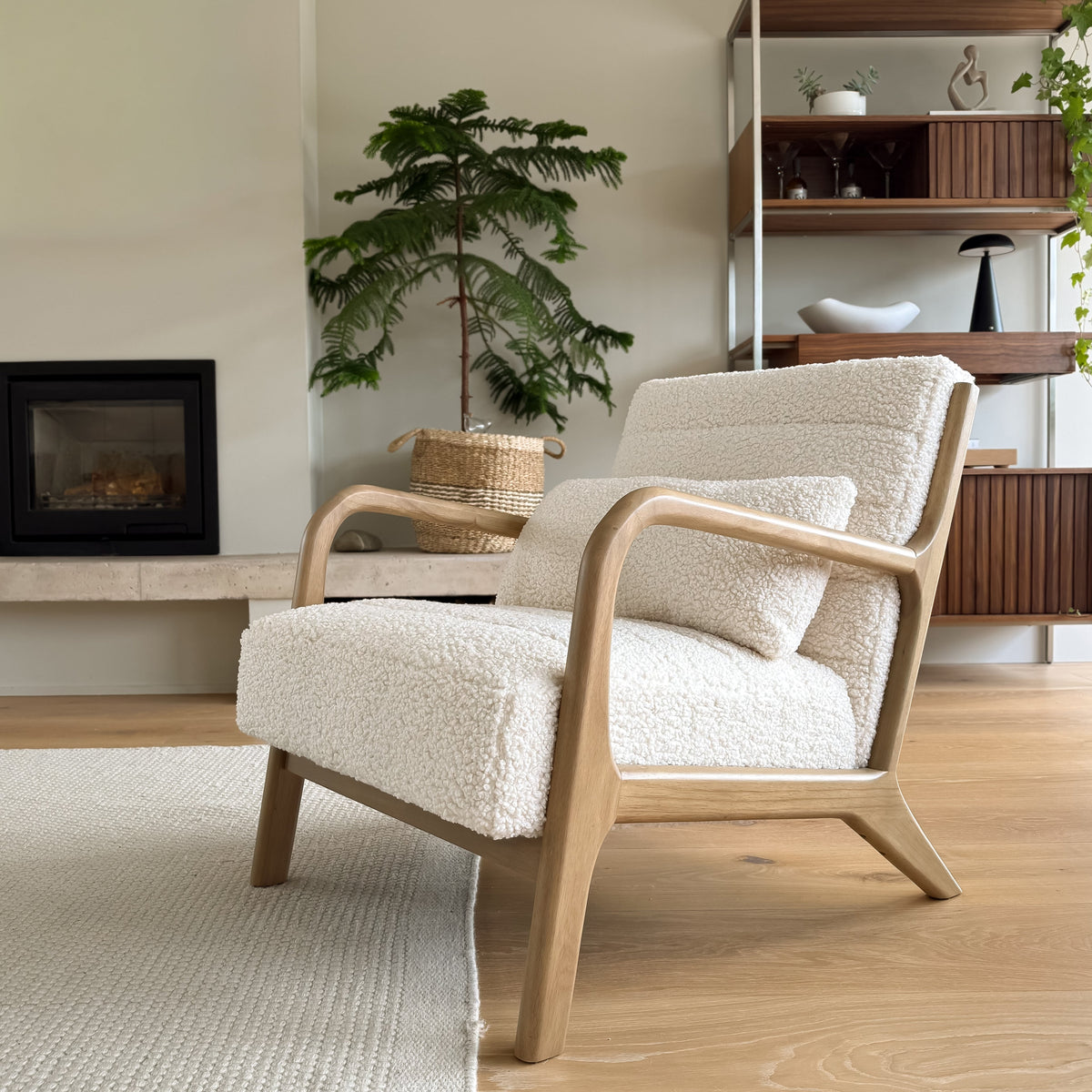 Hudson - Boucle Accent Chair Ivory & Warm Wood