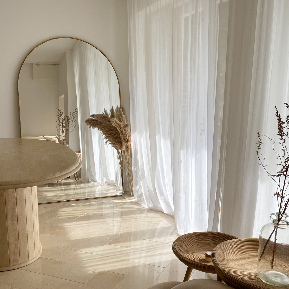 Gold Full Length Arched Metal Mirror in living room
