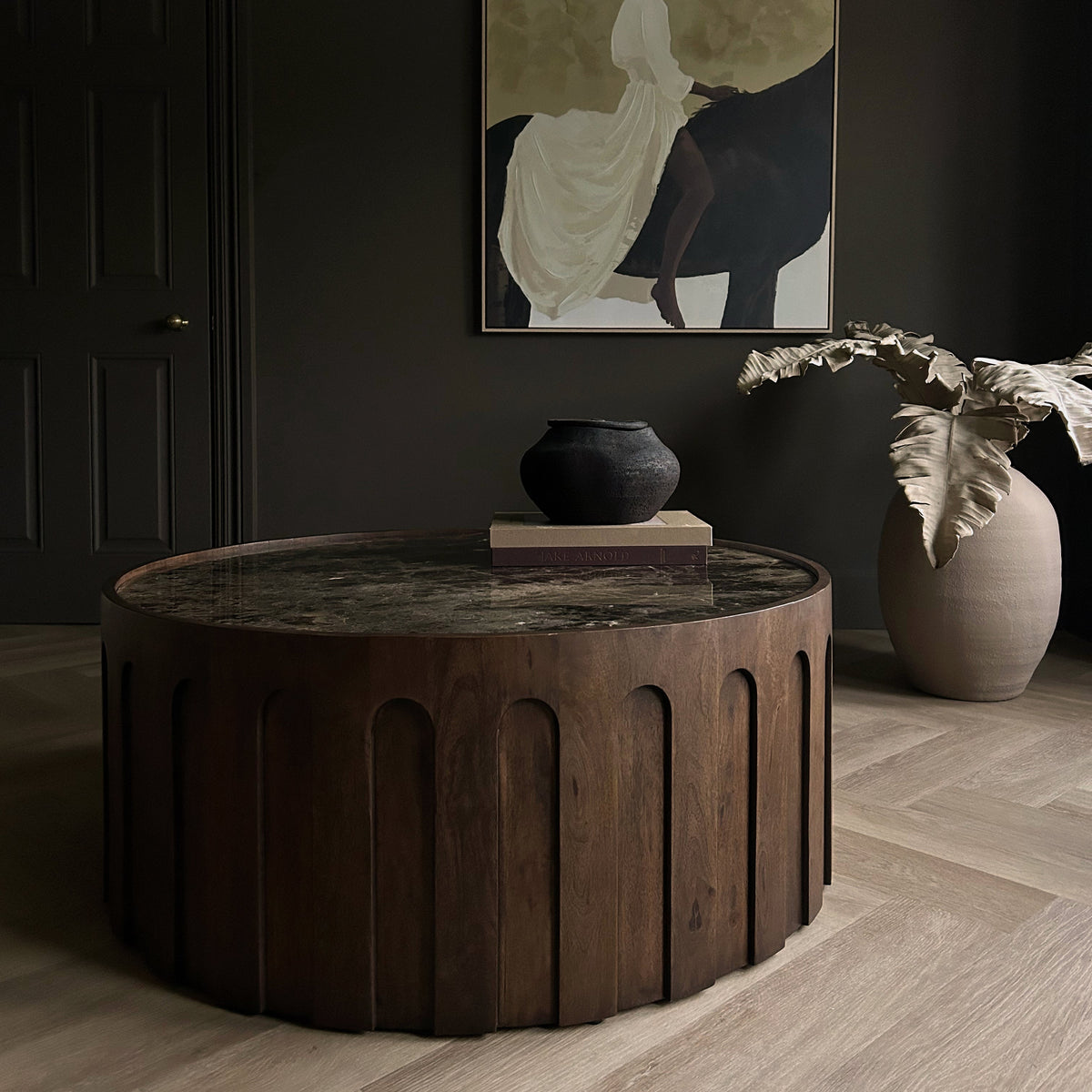 Valor - Dark Emperador Marble Round Dark Wood Premium Coffee Table