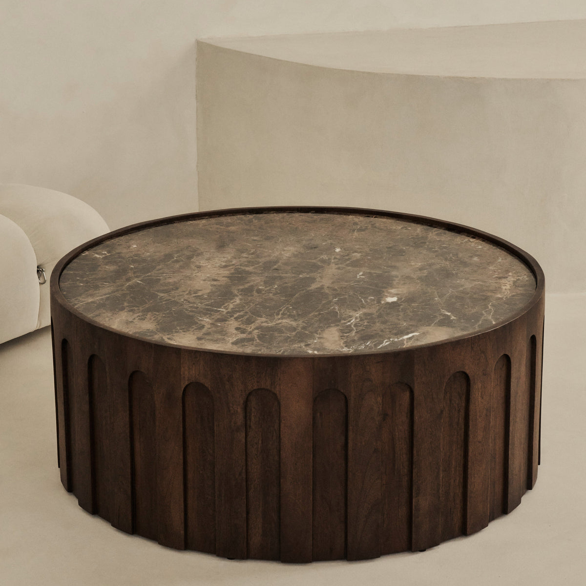 Valor - Dark Emperador Marble Round Dark Wood Premium Coffee Table
