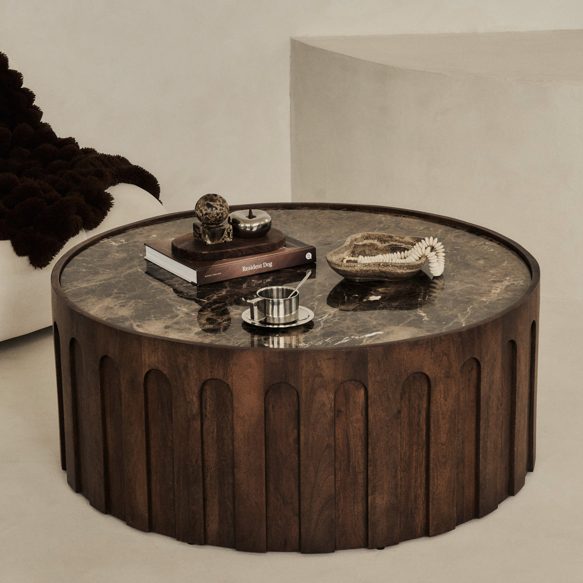 Valor - Dark Emperador Marble Round Dark Wood Premium Coffee Table