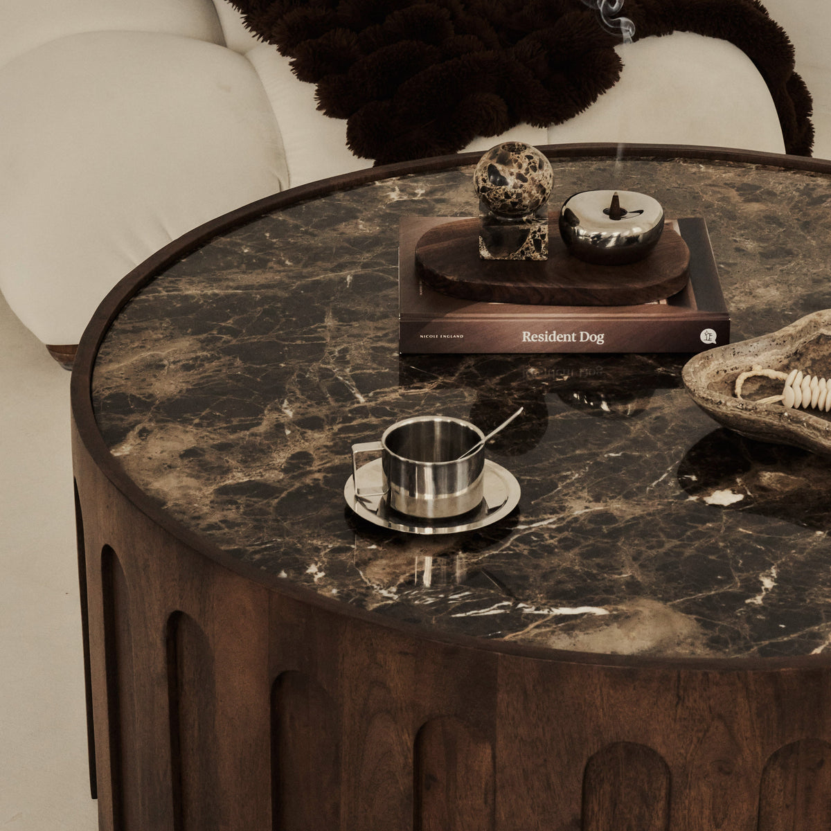 Valor - Dark Emperador Marble Round Dark Wood Premium Coffee Table