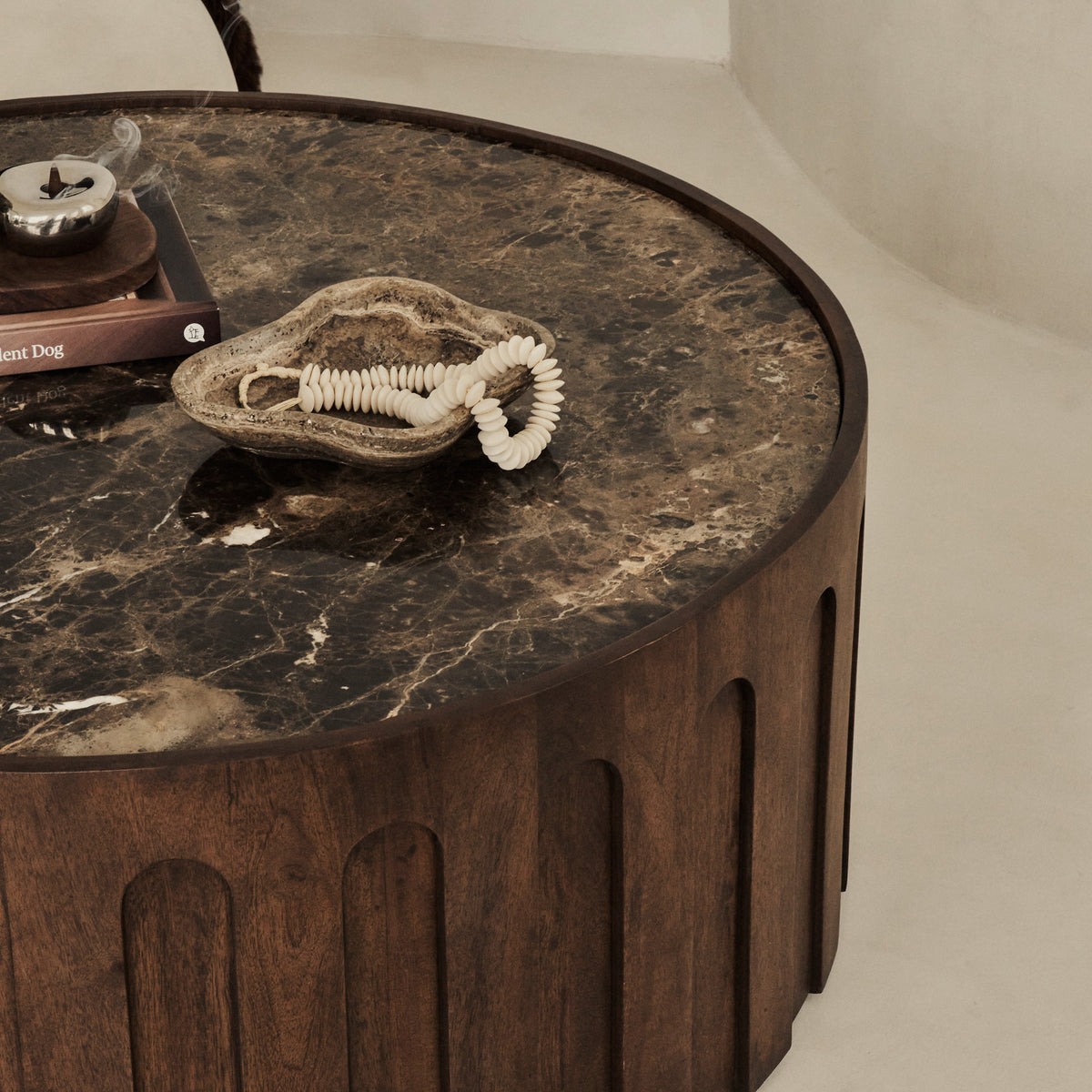 Valor - Dark Emperador Marble Round Dark Wood Premium Coffee Table