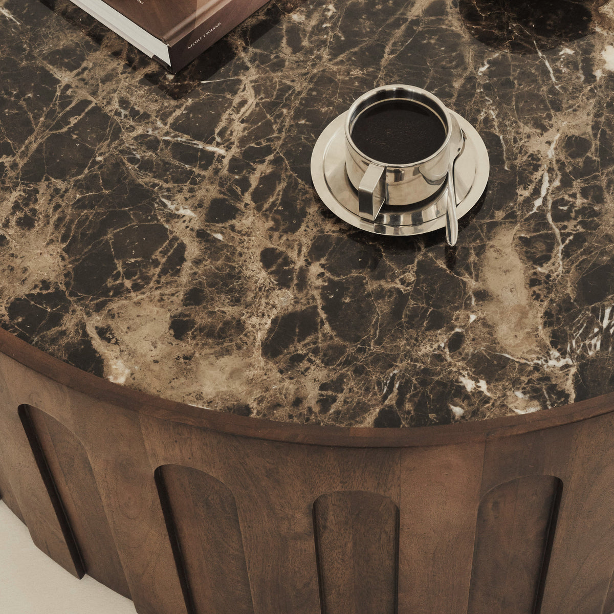 Valor - Dark Emperador Marble Round Dark Wood Premium Coffee Table