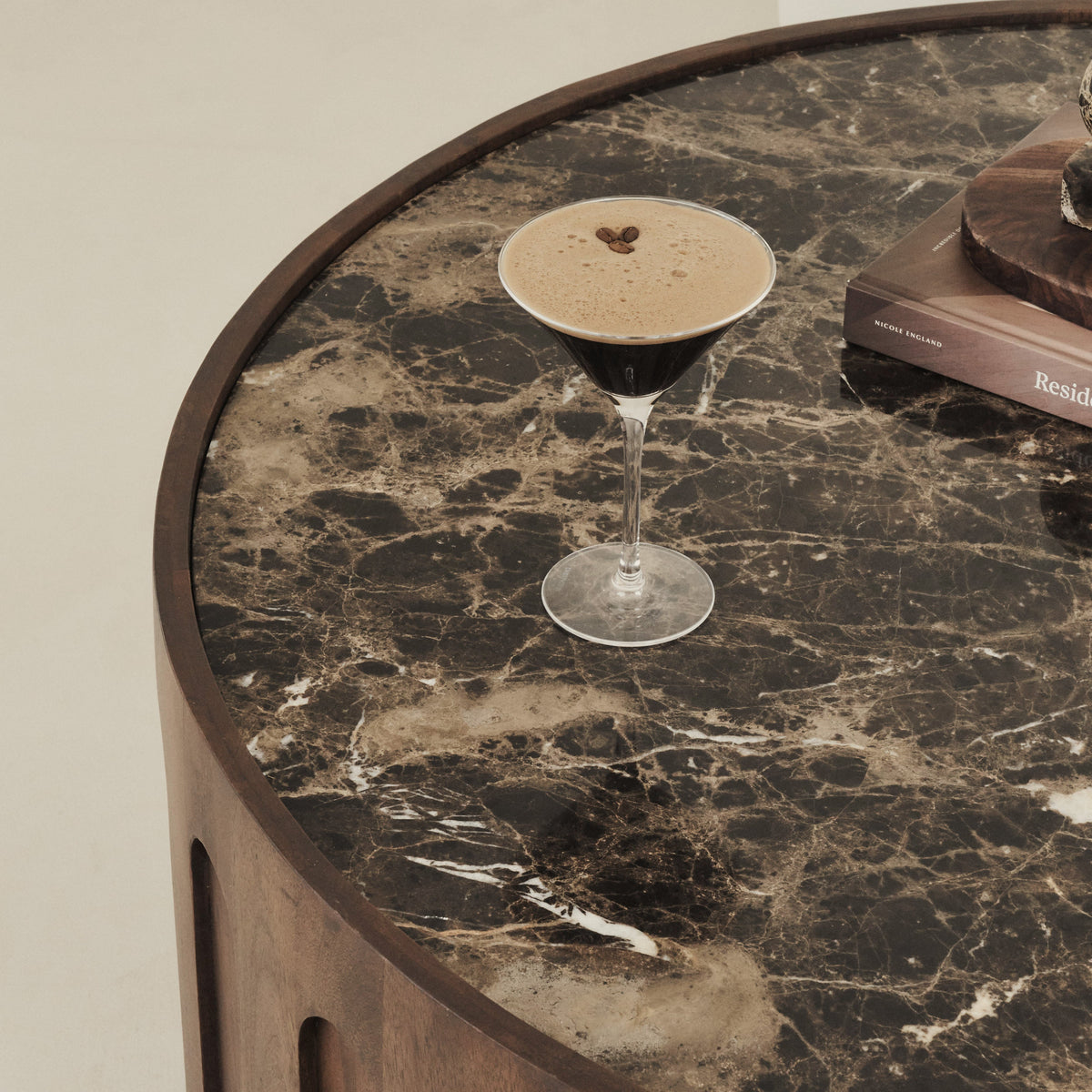 Valor - Dark Emperador Marble Round Dark Wood Premium Coffee Table