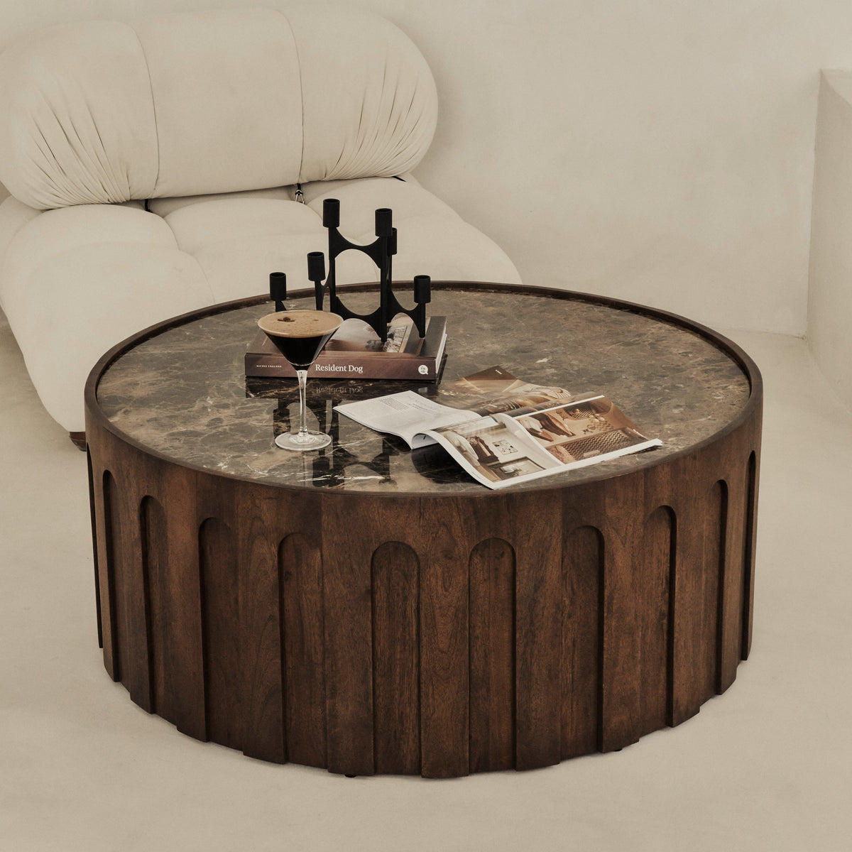 Valor - Dark Emperador Marble Round Dark Wood Premium Coffee Table