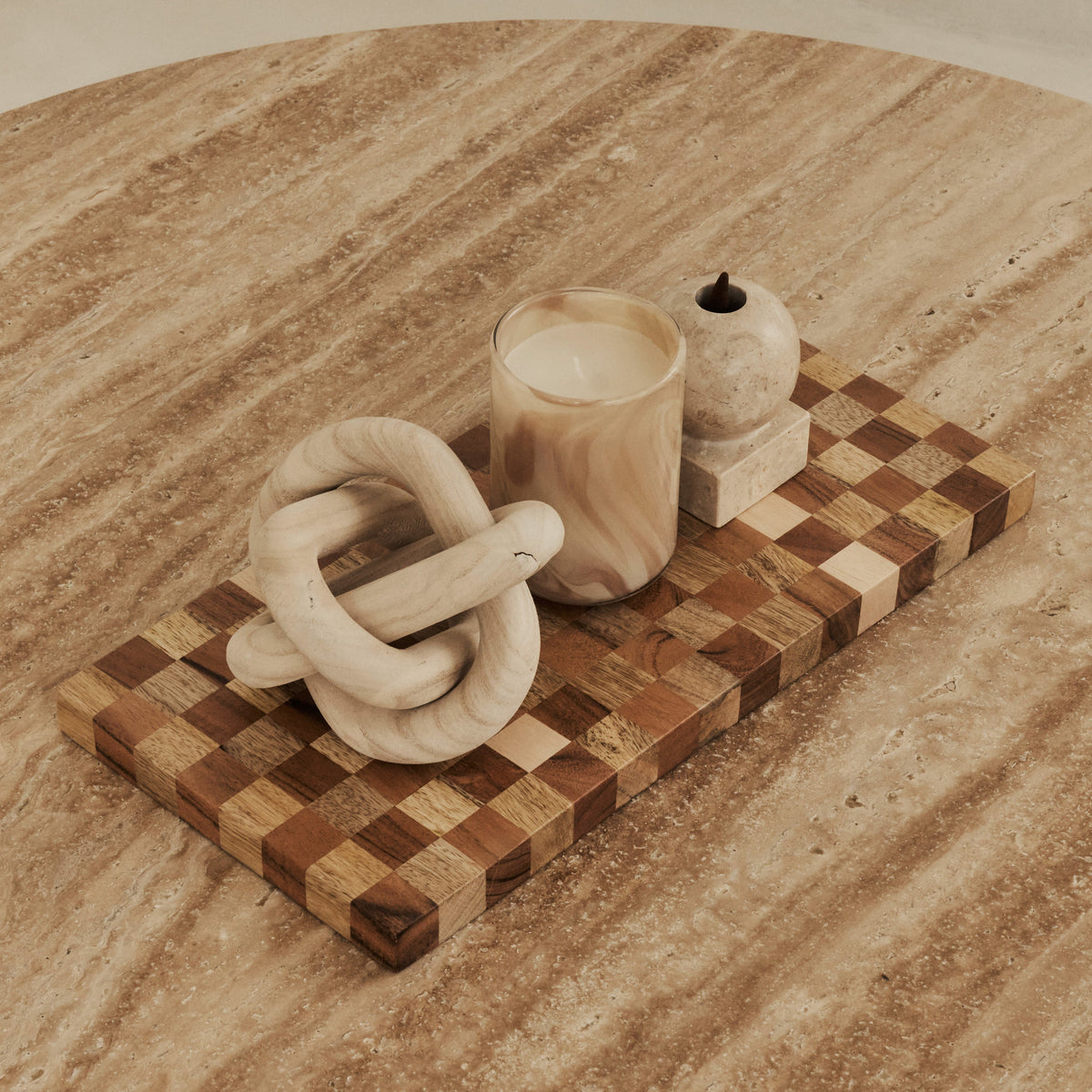 Sloane - Beige Travertine Round Warm Wood Premium Coffee Table