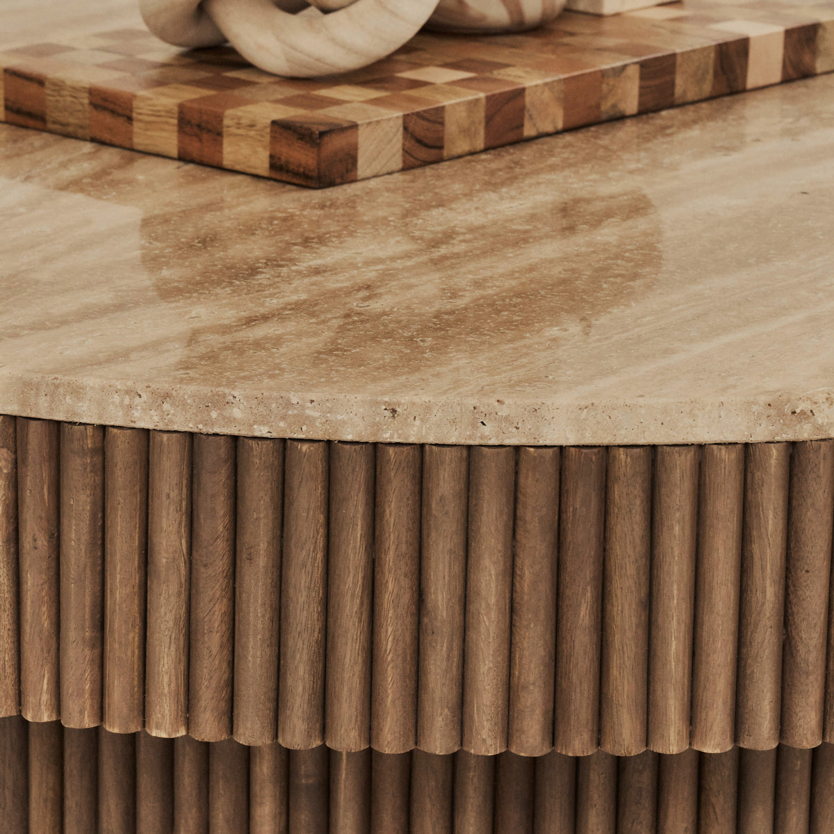 Sloane - Beige Travertine Round Warm Wood Premium Coffee Table