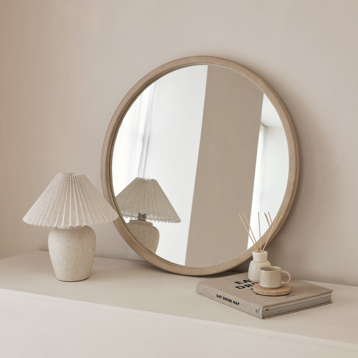 Arden - Concrete Round Wooden Wall Mirror 70cm x 70cm