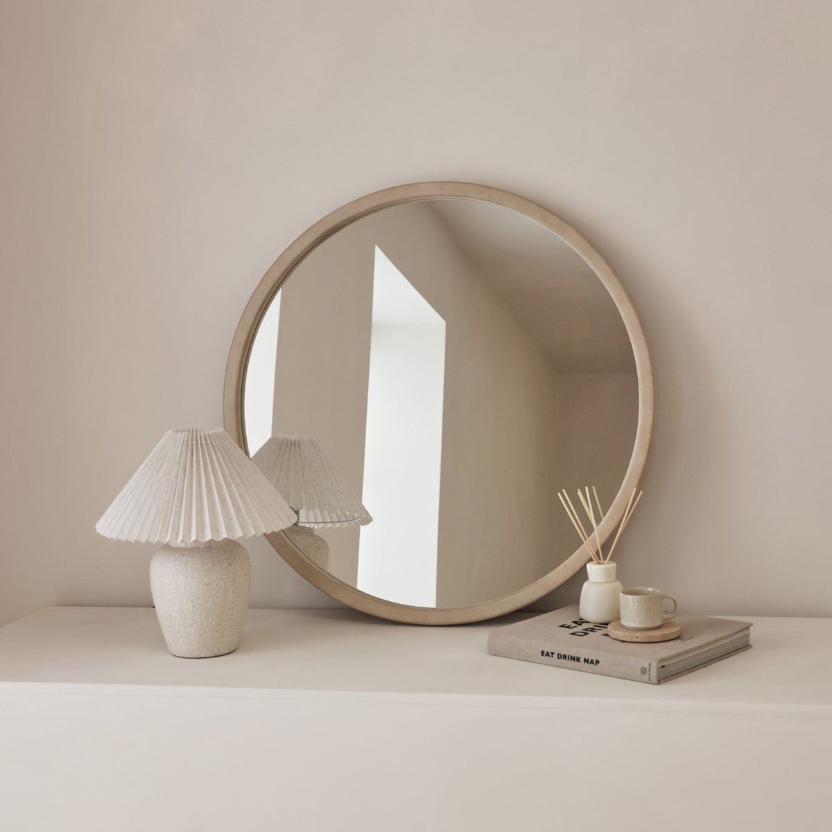 Arden - Concrete Round Wooden Wall Mirror 70cm x 70cm