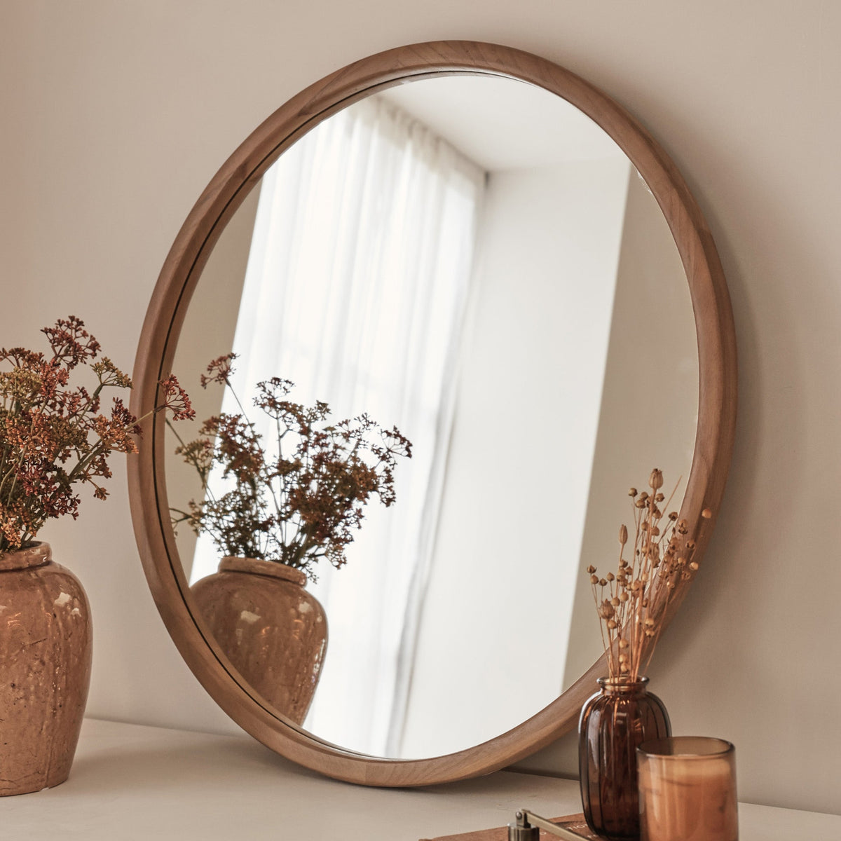 Arden - Warm Wood Round Wooden Wall Mirror 70cm x 70cm