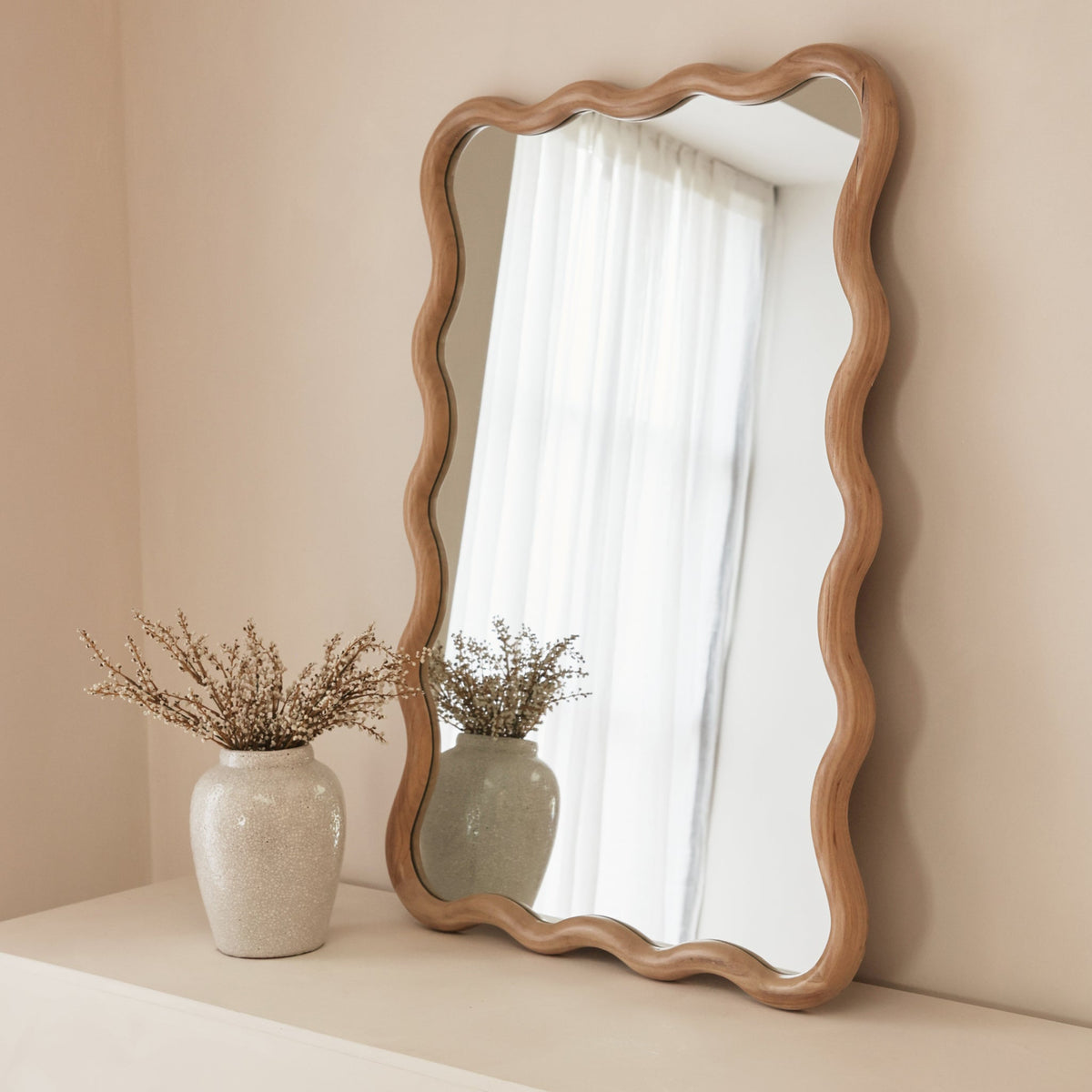 Marea - Light Wood Wavy Retro Wall Mirror 100cm x 70cm
