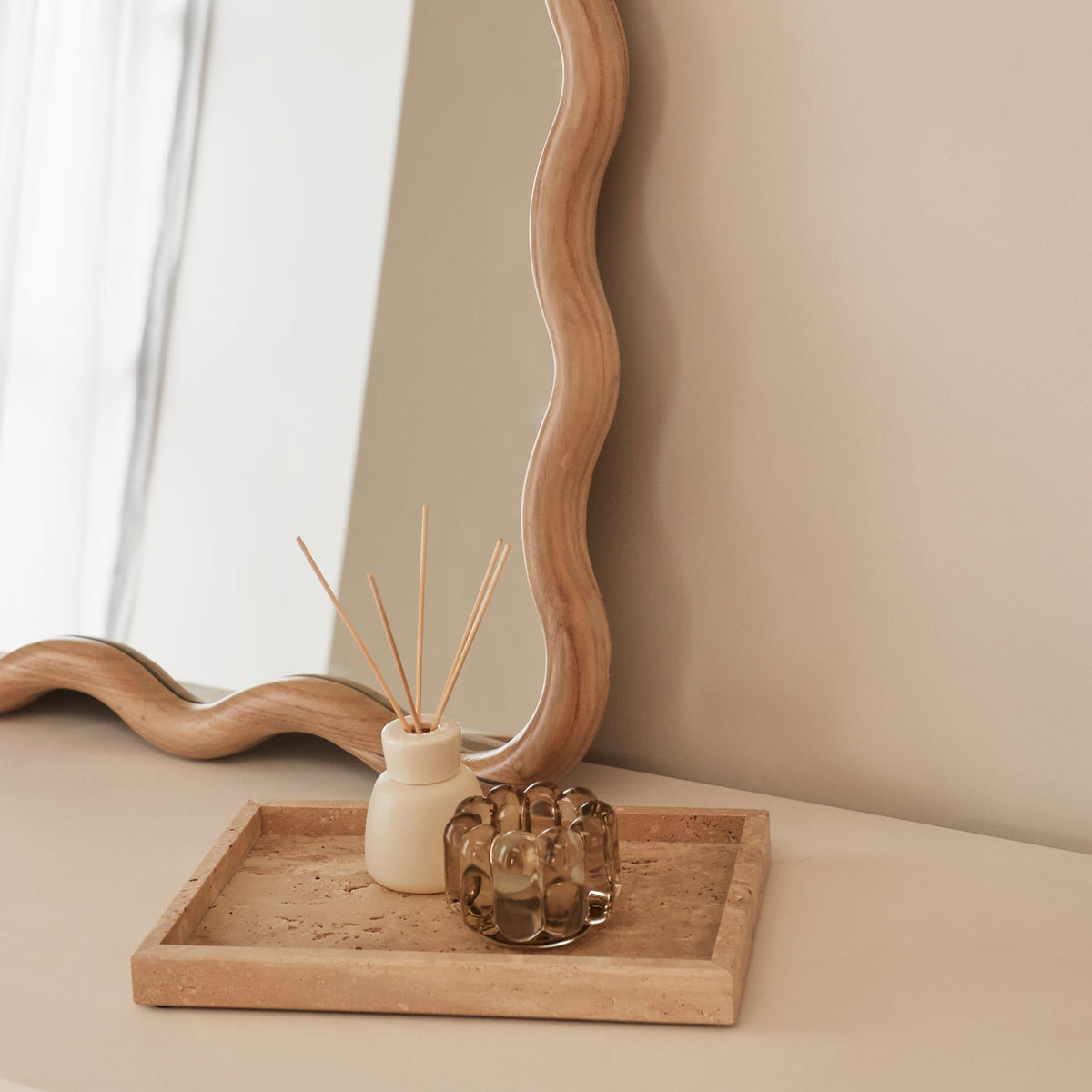 Marea - Light Wood Wavy Retro Wall Mirror 100cm x 70cm