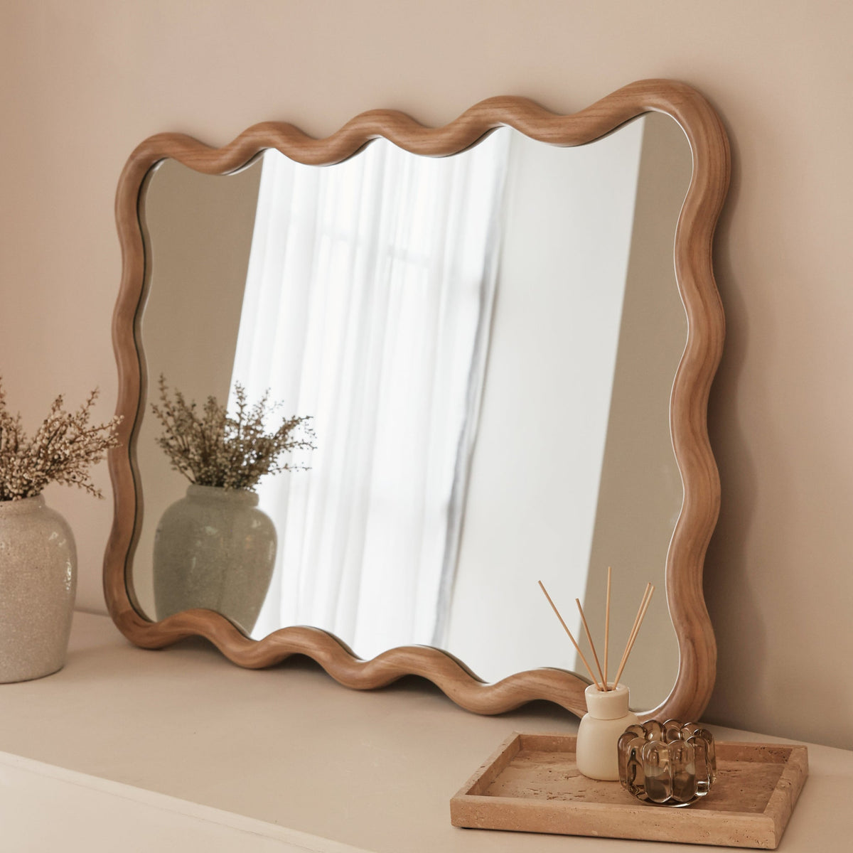 Marea - Light Wood Wavy Retro Wall Mirror 100cm x 70cm