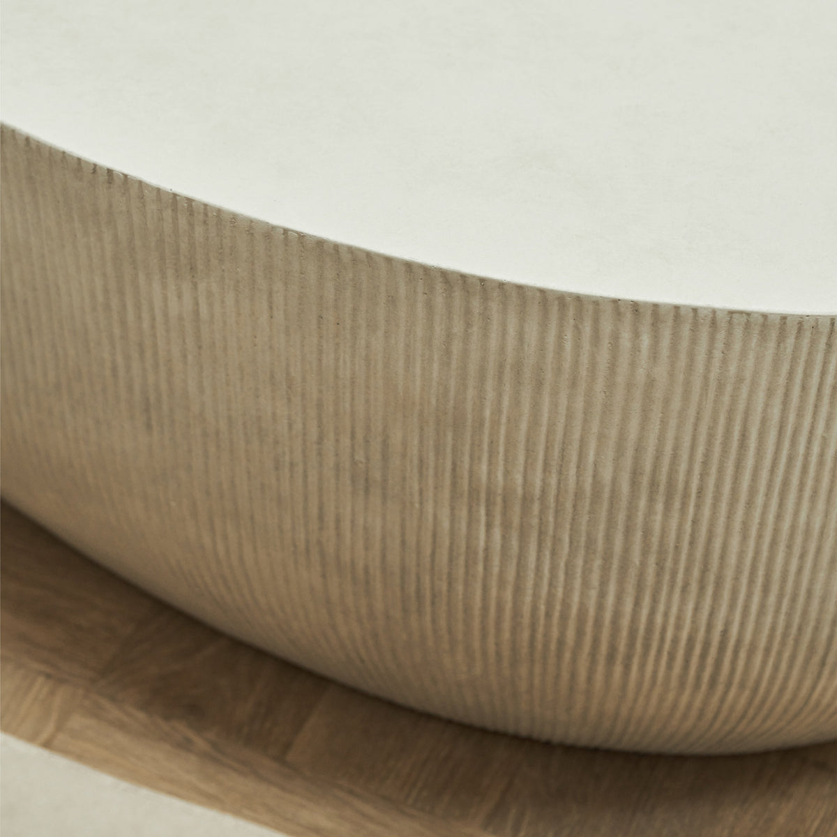 Minimal Concrete Shaped Coffee Table Large detail shot of ribbed pattern