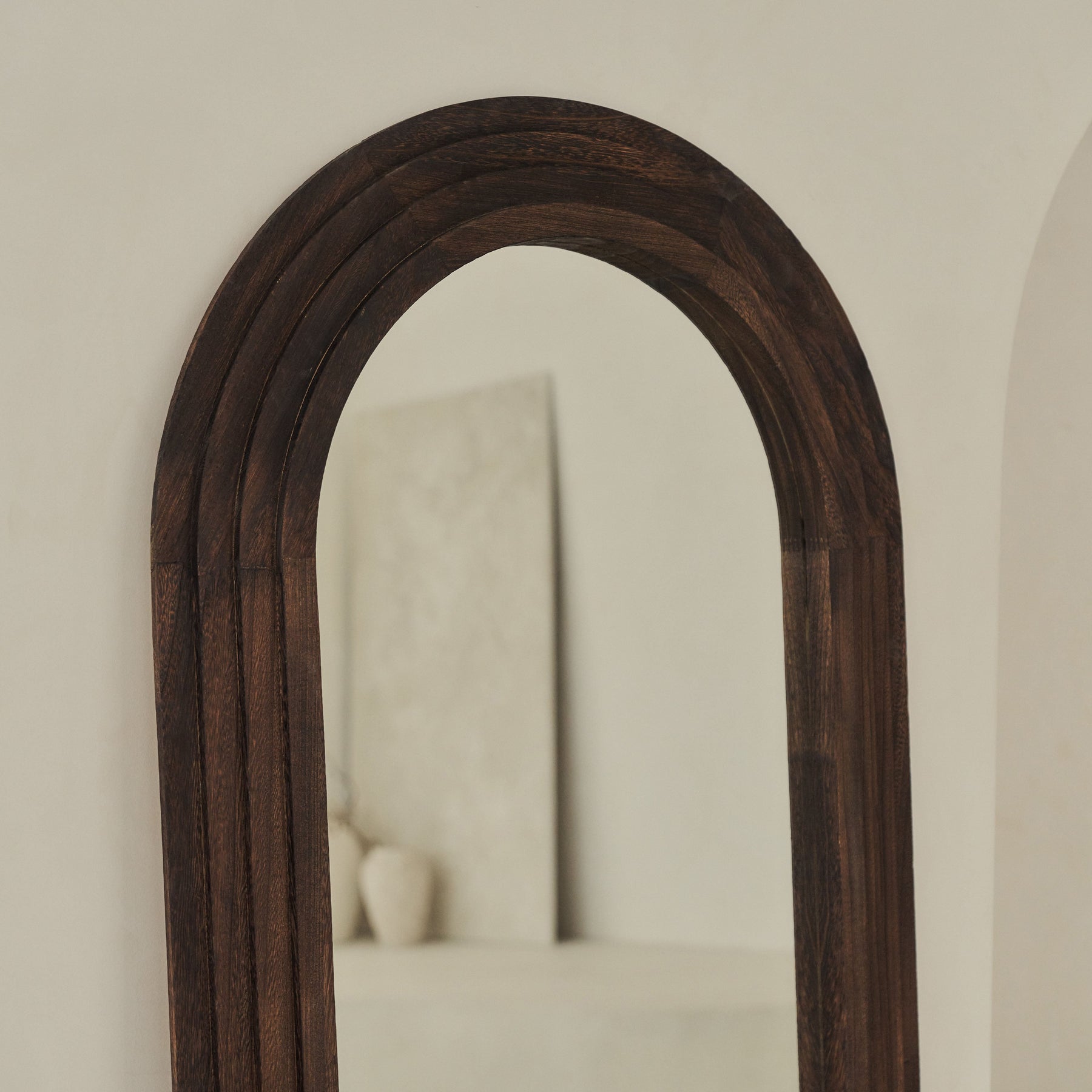 Top-half view of Full Length Arched Charred Wood Mirror