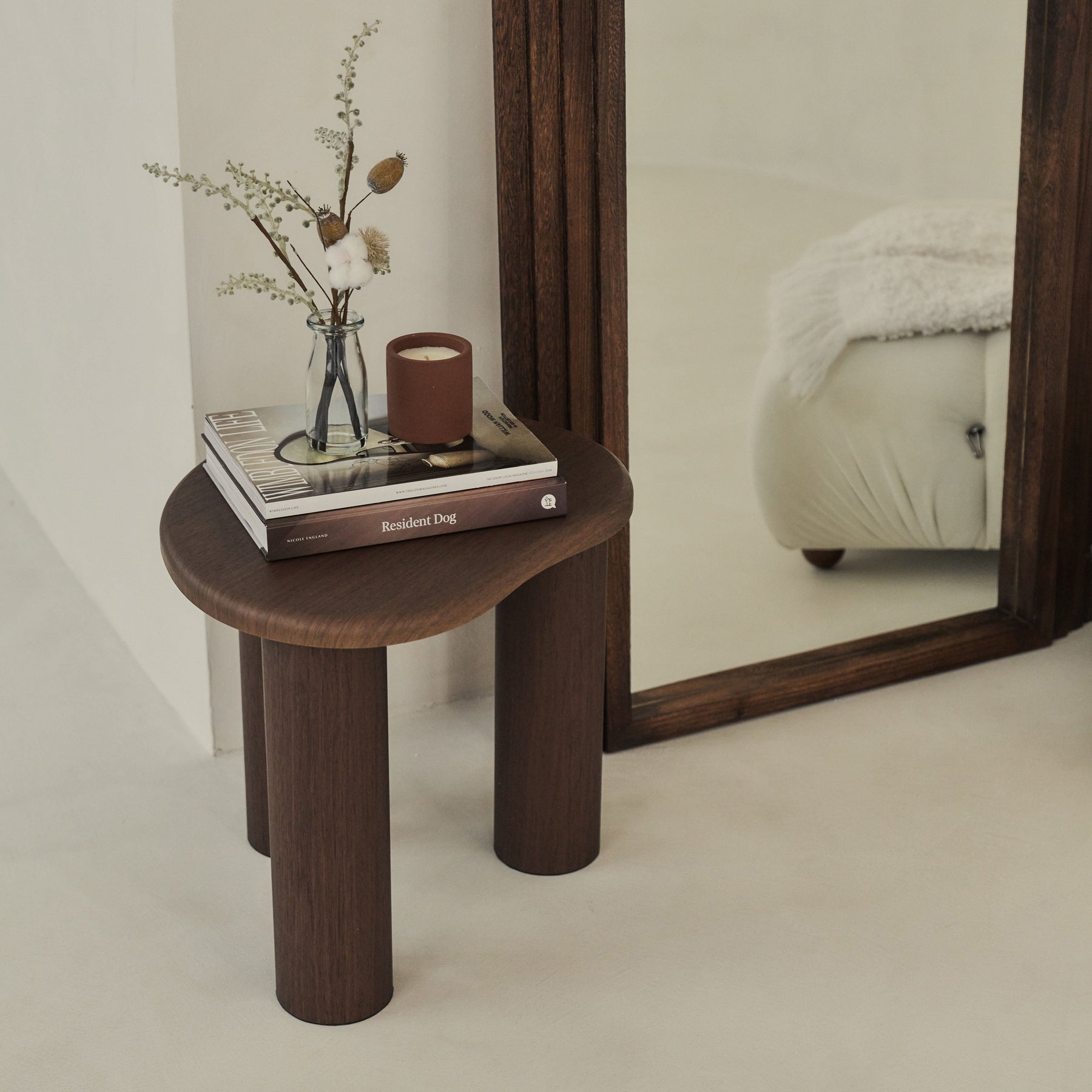 Detail shot of Full Length Arched Charred Wood Mirror' stepped frame design beside side table