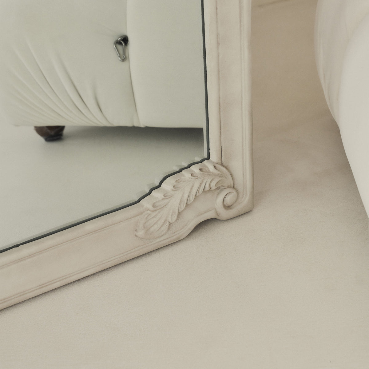 Detail shot of Full Length Extra Large Concrete Ornate Mirror floral inspired bottom corner