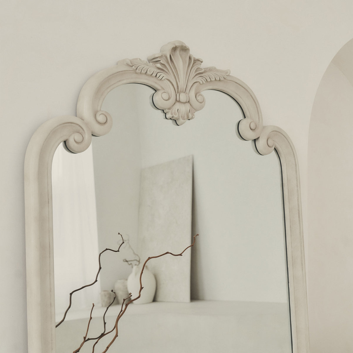 Detail shot of Full Length Extra Large Concrete Ornate Mirror top crest